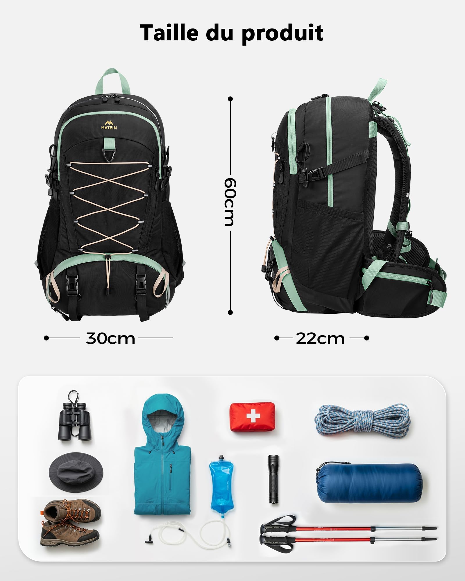 MATEIN Sac Randonnée Imperméable avec Housse de Pluie, Sac à Dos 40L, Noir
