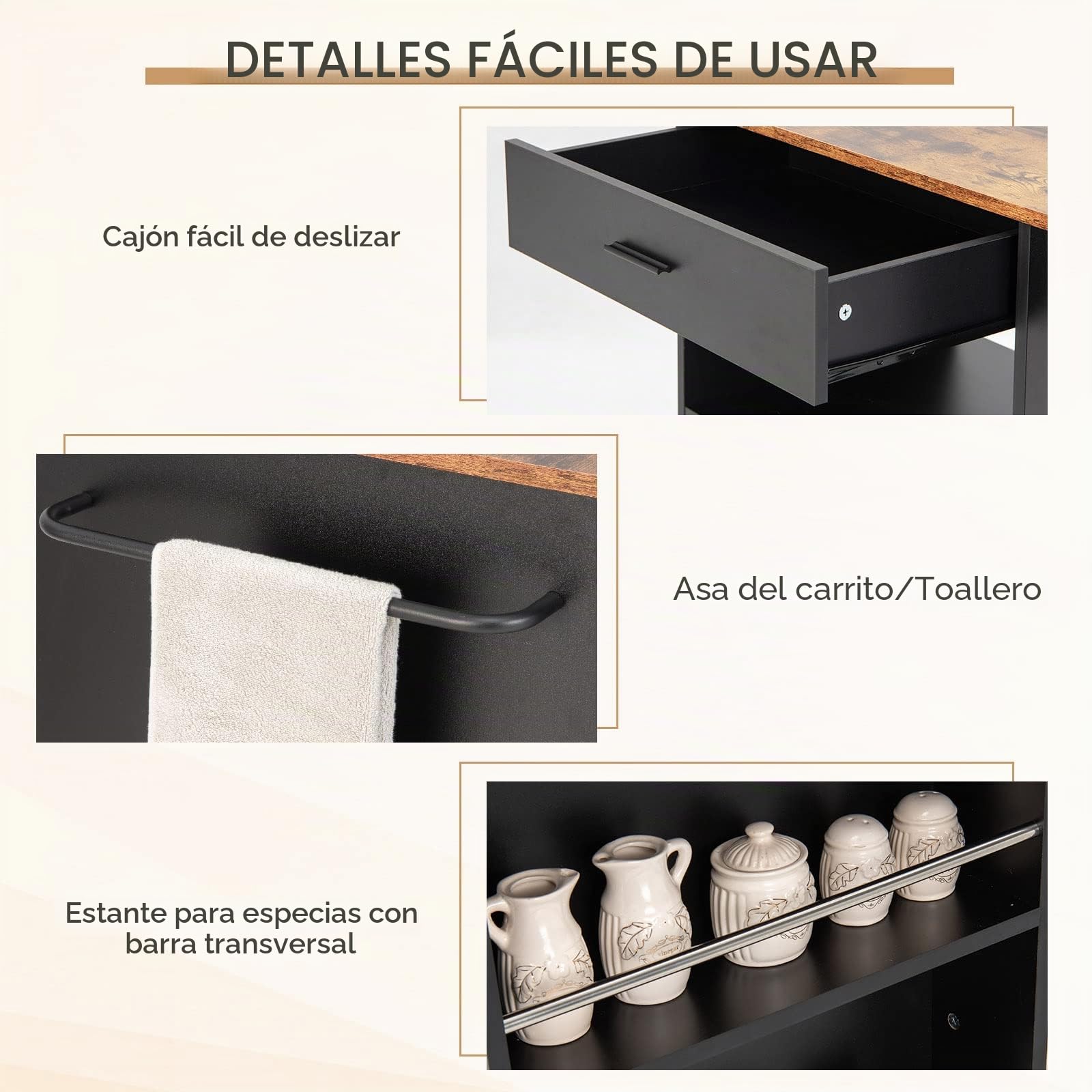 KOMFOTTEU Carrito de Cocina con Ruedas, Carro de Servicio con 3 Estantes Laterales, Armario de Puertas y Cajón, Isla de Almacenamiento con Toallero, Buffet de Comedor, 82 x 50 x 92 cm (Negro)