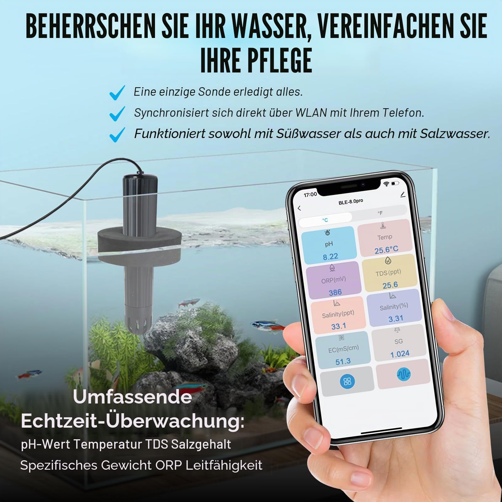 TEKCOPLUS Smart WiFi Wasserqualitätsmonitor 7-in-1 Digitaler Aquarium & Hydrokultur Tester für pH-, Temperatur-, TDS-, EC-Salinität, spezifisches Gewicht & ORP Echtzeit-Multi-Parameter-Sonde mit