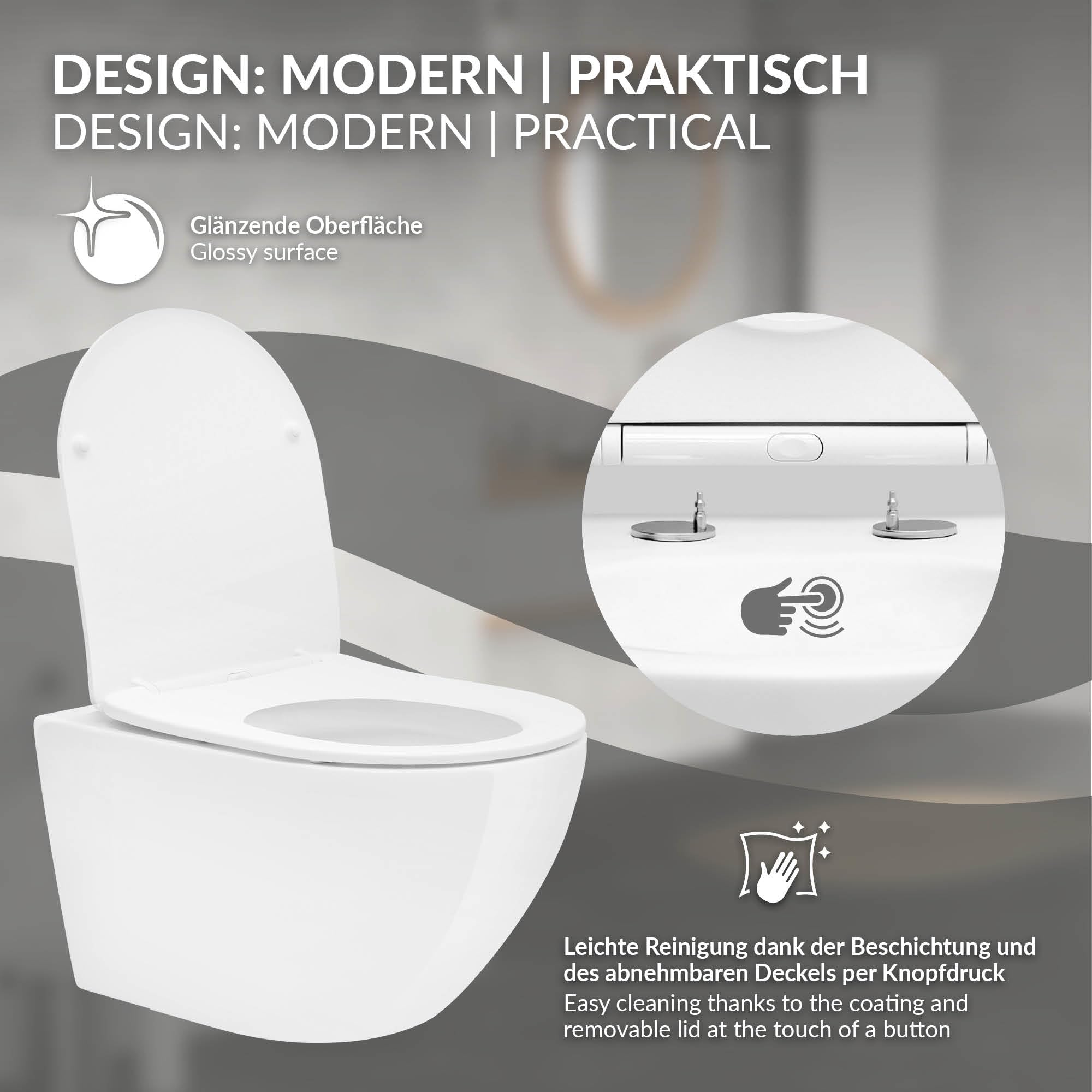 LuxeBath WC Sospeso a Muro in Ceramica Bianco Lucido Lungo Senza Bordo lungo 52 cm Toilette con Sedile in Duroplast Rimovibile Coprivaso Soft Close Copriwater Chiusura Rallentata Vaso a Parete