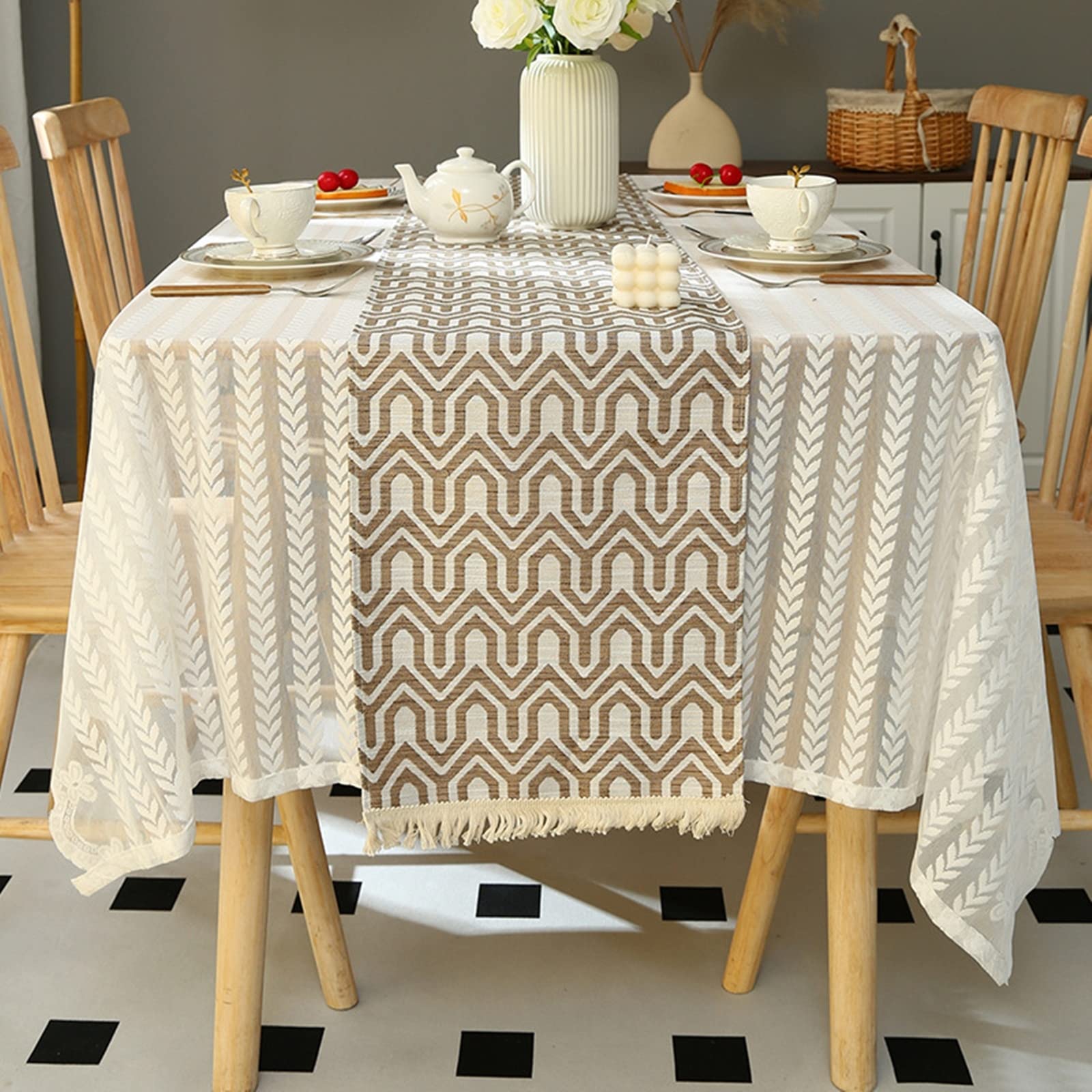 Tischläufer Hochzeit Polyester, Tischläufer Landhausstil 35x210 cm, Leinenoptik mit Geometrische Muster