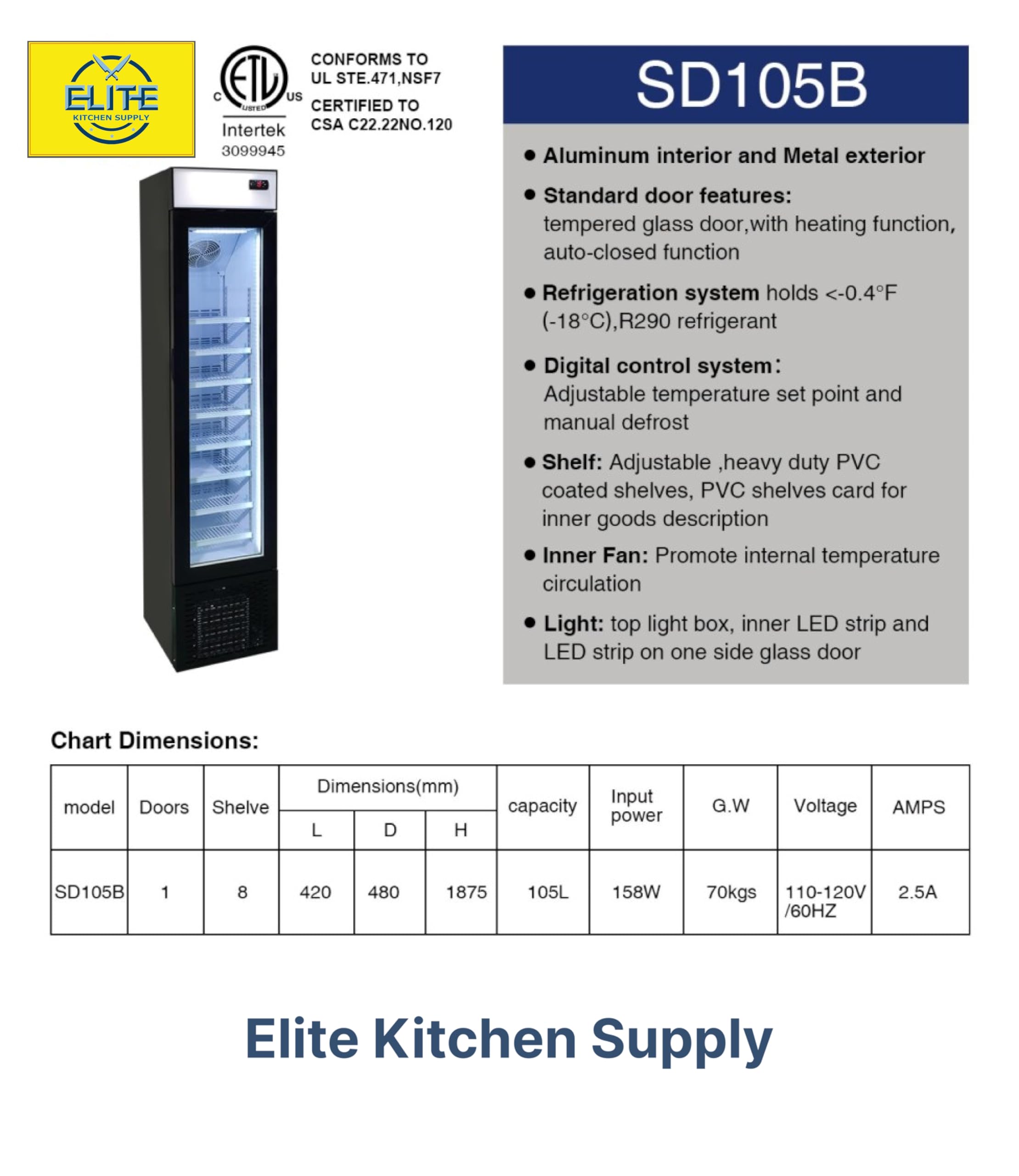 Commercial Upright Display Freezer, ETL NSF 1 Narrow Glass Door, 17
