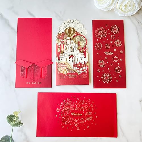 Miniatura 7 de Hosmsua Kit de 50 invitaciones de boda en blanco dorado claro de 4.1 x 8.5 pulgadas, corte láser 3D, castillo, novia y novio, invitación de boda con