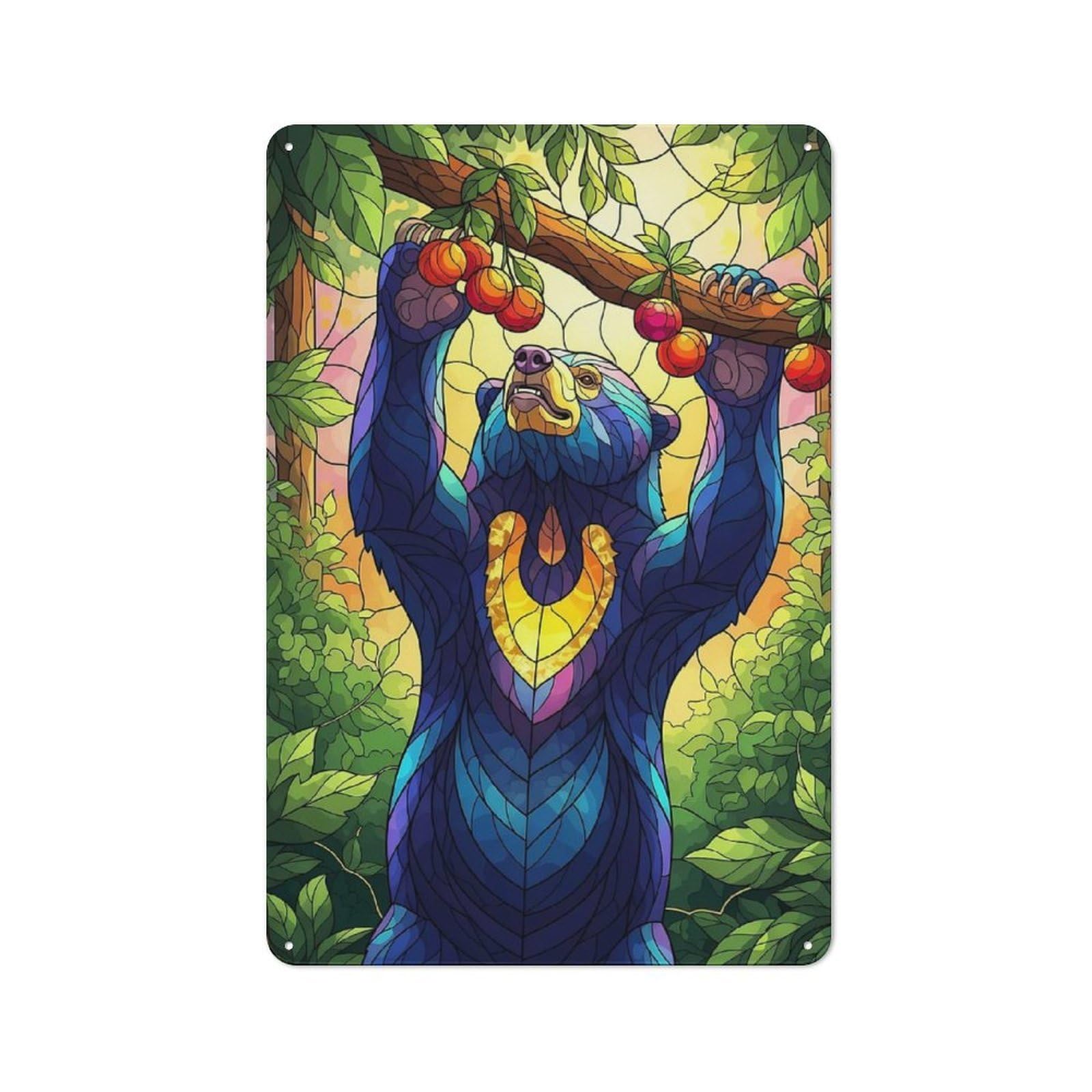 Junmoney Stained Glass Style Bear Reaching Fruit Metal Plaque 30X20cm With For Home Bar Wall, Retro Decor, For Garage, Workshop And Man Cave Decoration