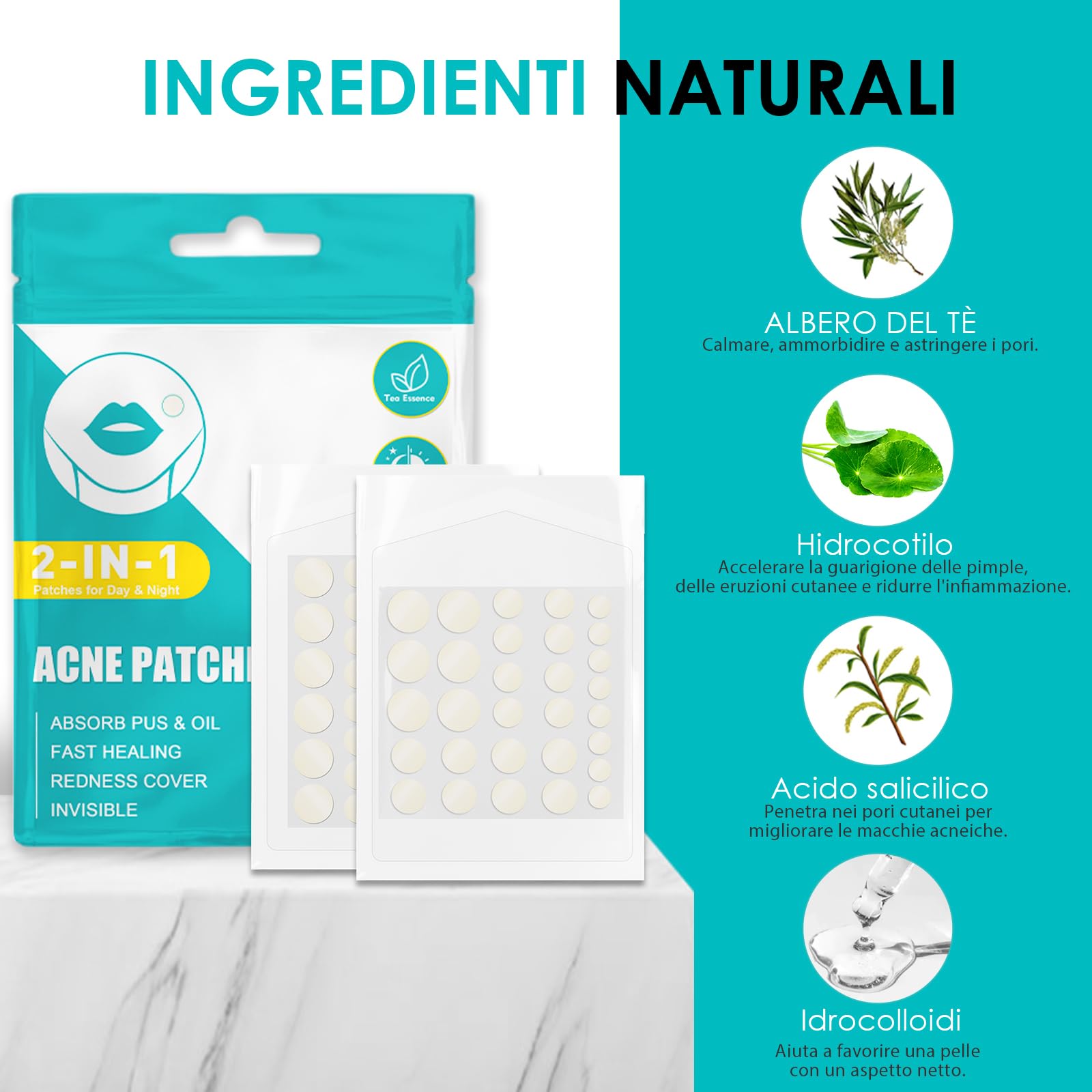 264pcs Cerotti Brufoli Pimple Patch Invisibili Per Acne Idrocolloide Naturale Con Olio Dell'Albero Del Tè E Acido Salicilico Giorno E Notte 2 In 1 Cerotto Impermeabile Patch Brufoli