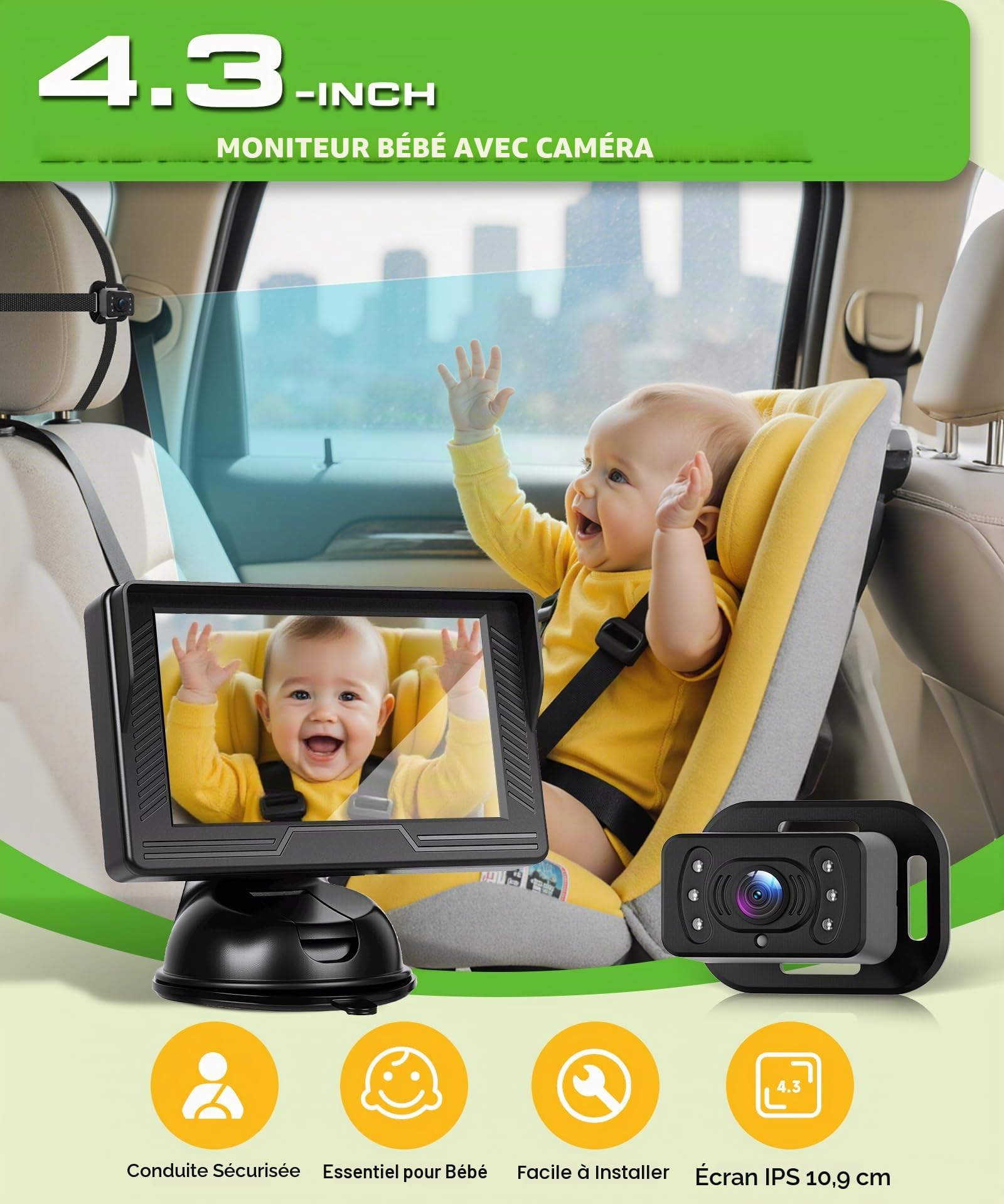 VECHTEL Caméra de Surveillance pour bébé HD,écran 4,3 Pouces avec caméra de siège arrière, Prise Allume-Cigare, rétroviseur de sécurité Rotatif à 360° pour sièges bébé orientés vers l'arrière