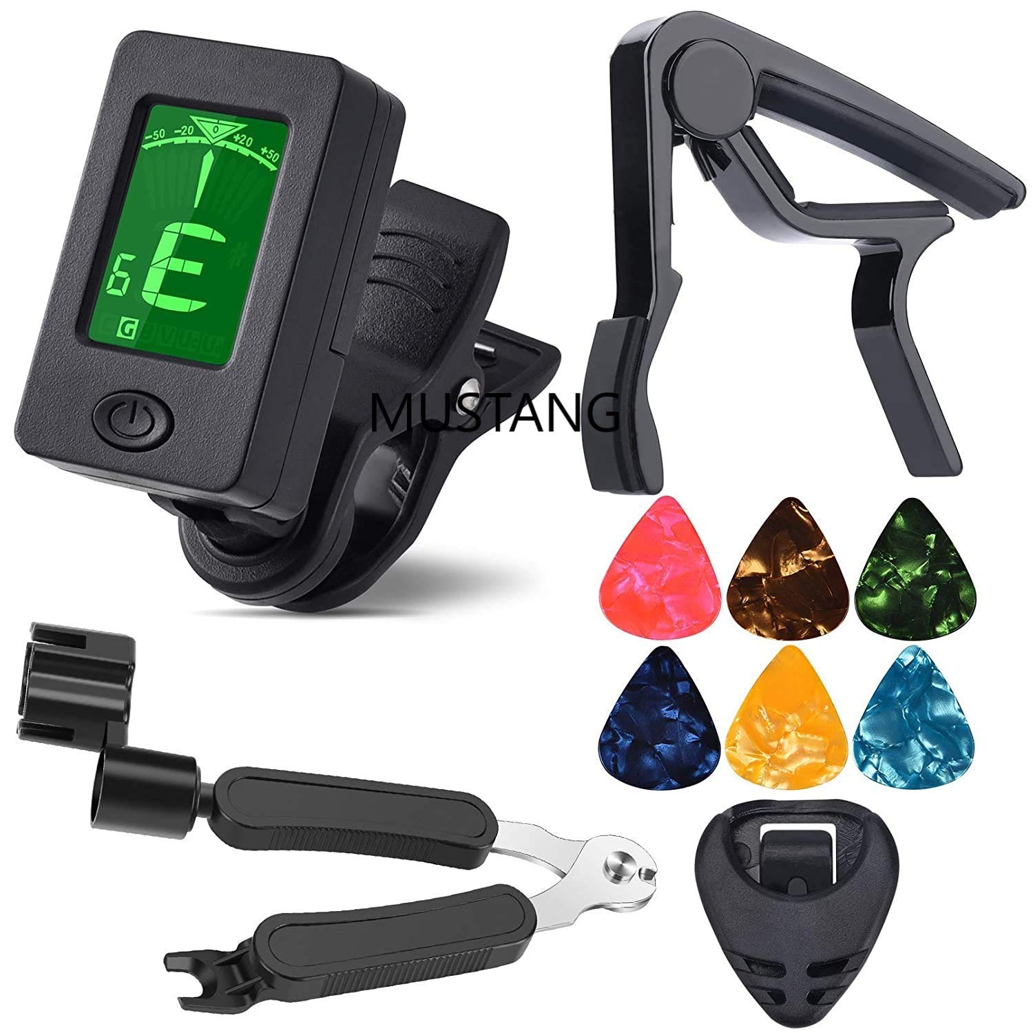 Clip Tuner for Guitar Bass Violin Ukulele Include Guitar Capo and Picks and Holder, winder cutter, Tuner