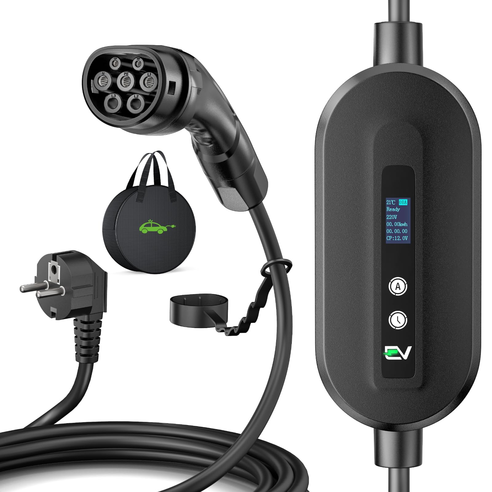 Evjuicion Cargador para Coche eléctrico [6m, 6-16 A] Cable de Carga para Coche eléctrico con Pantalla LCD, retardo de 0-12 h, IP65 Impermeable, IEC 62196-2,Compatible con vehículos eléctricos/PHEV