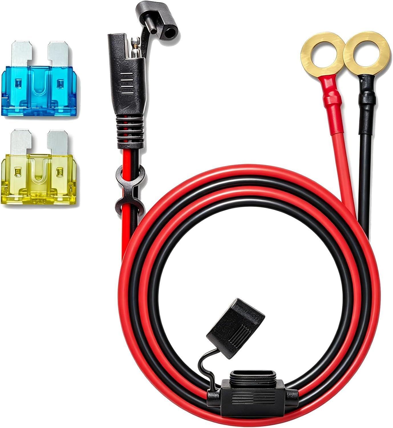 10AWG 3.3FT SAE to O-Ring Terminal Harness, Heavy-Duty Battery Connector Cable with 15A and 20A Fuse Kit, 2 Pin SAE Quick Connect Power Extension Cable Cord for Auto, RV and Solar Panels, 3.3Ft
