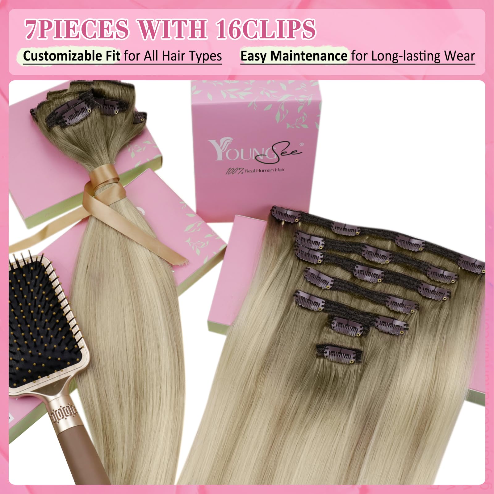 YoungSee Clip in Hair Extensions Real Human Hair Blonde 20 inch Real Hair Extensions Clip in Ash Blonde Ombre Sunkissed Blonde Clip in Extensions for Beginner 120g Long Straight 7pcs Smooth - Image 4