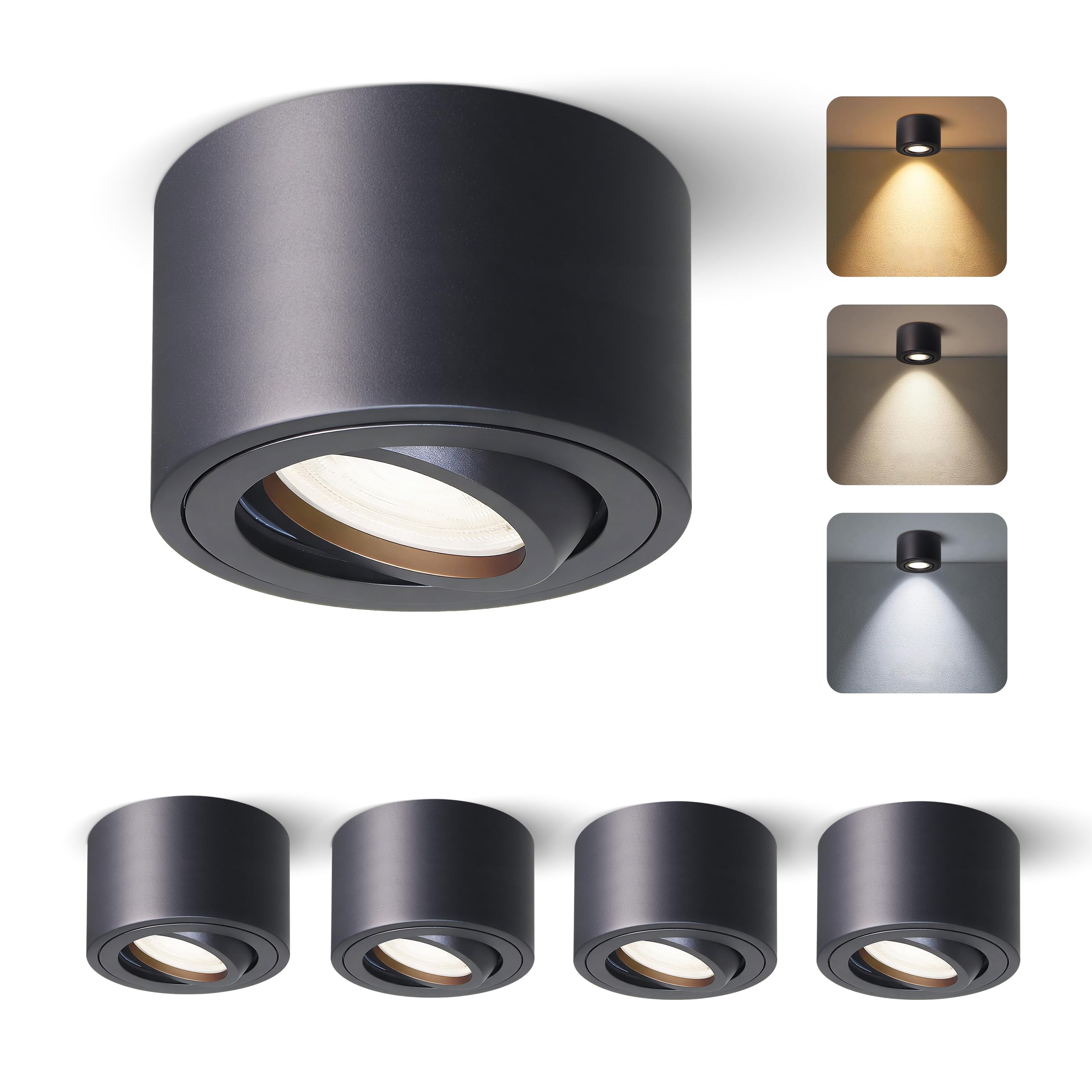 4er Set Aufbauspot Schwarz, LED Aufbaustrahler Deckenstrahler, IP65 für Badezimmer, 5W 520lm Warmweiß 3000K / Neutralweiß 4000K / Kaltweiß 6000K, aus Aluminium, Ø80x50mm, LED Modul 230V, CRI90+