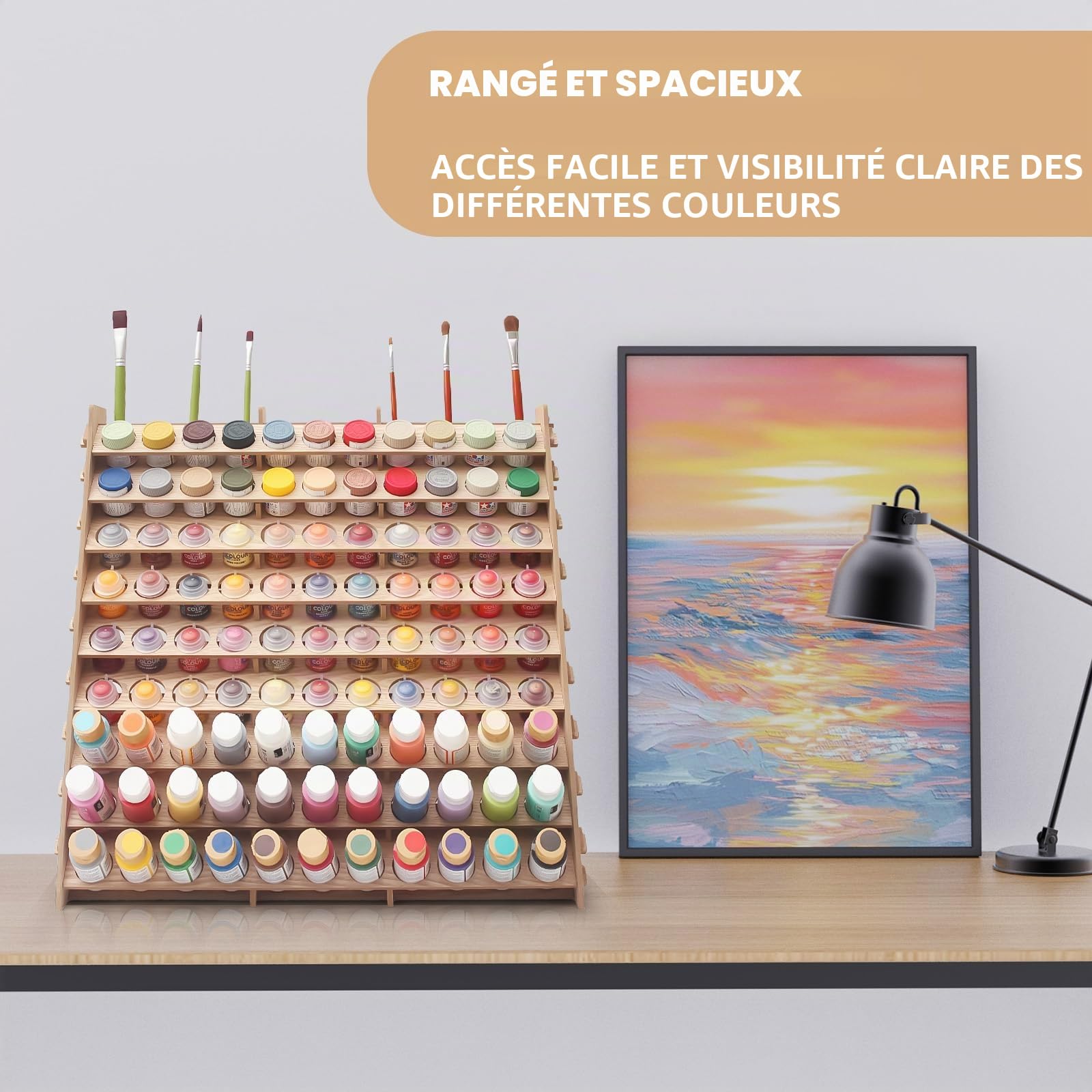 Organiseur de Peinture Extra Large en Bois à 9 Niveaux pour 99 Bouteilles et Pinceaux - Acrylique, Huile Artisanale, Loisirs Créatifs - Mini Station pour Artistes