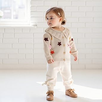 Toddler Baby Girl Sweater Cardigan Flower Embroidery Button Up Knitted Jumpers Pullovers Infant Winter Chunky Knitwear
