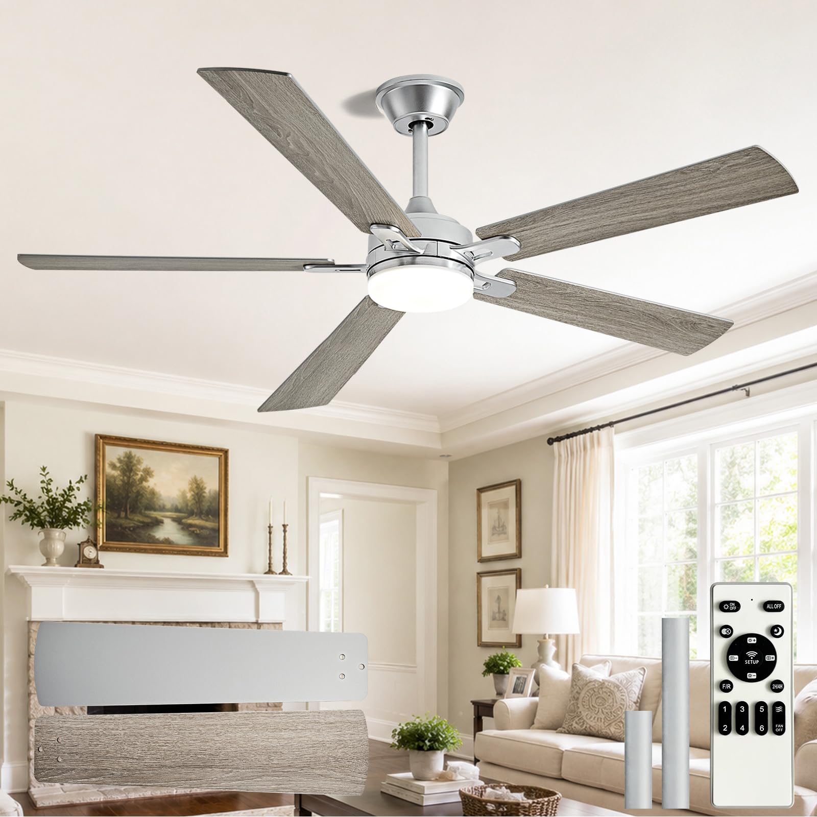 Depuley 60-inch Ceiling Fan with Light: Nickel Ceiling Fan for Living Room Indoor Outdoor - Modern Ceiling Fan with Remote Control 3CCT Dimmable Noiseless 5 Reversible Silver Blades 6 Speeds Timer