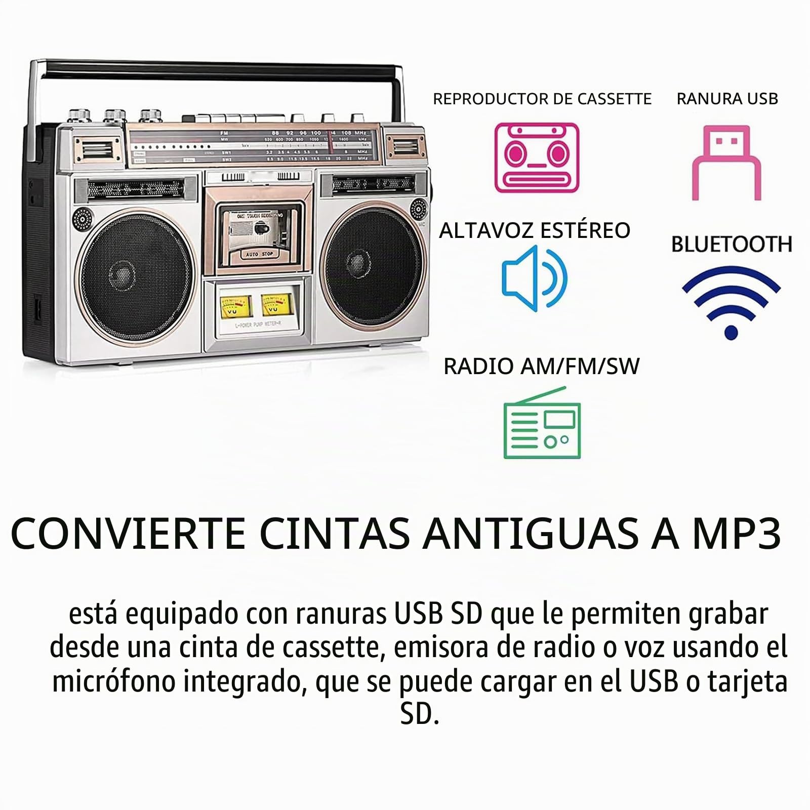 Reproductor de CD estilo retro clásico de los años 80, casete portátil/radio, 10 m de transmisión, compatible SD/USB, 2 altavoces, para reuniones
