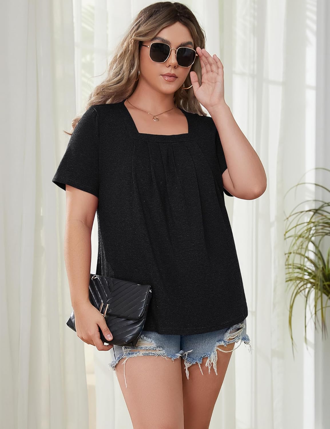 KTILG Womens Square Neck Short Sleeve Tunic Tops Loose Pleated Front T Shirts Casual Summer 2025 S-3XL - Image 5