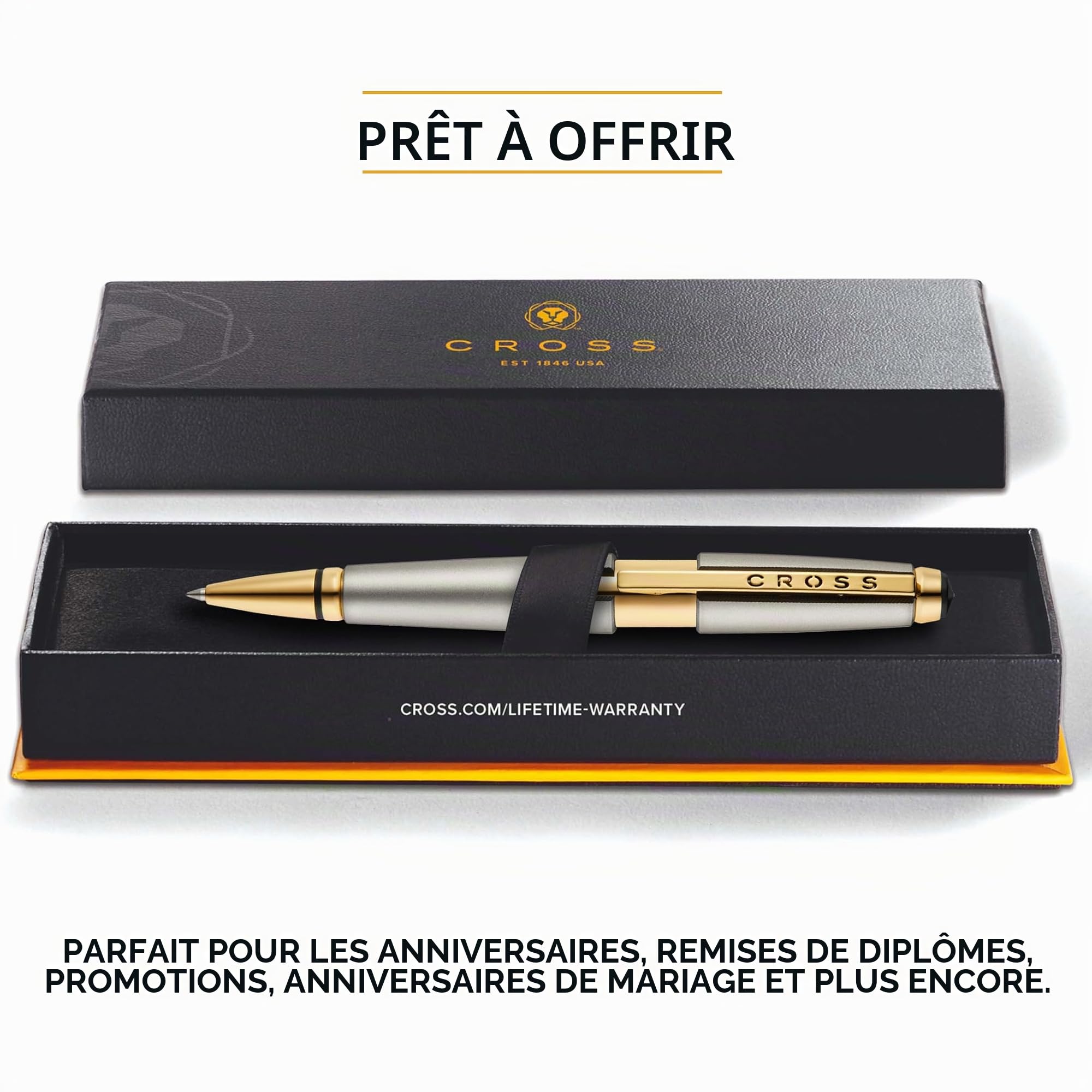 Cross Edge Stylo roller (épaisseur de trait M, couleur de l'encre : noir, rechargeable, avec boîte cadeau) titane mat et doré