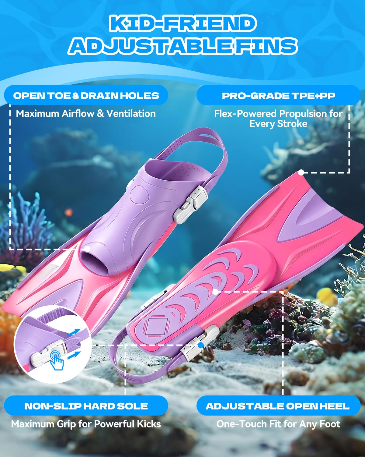 Aegend Equipo de esnórquel para niños y jóvenes: máscara de buceo antivaho, aletas ajustables y esnórquel seco, kit completo de esnórquel para esnórquel, buceo, buceo y natación