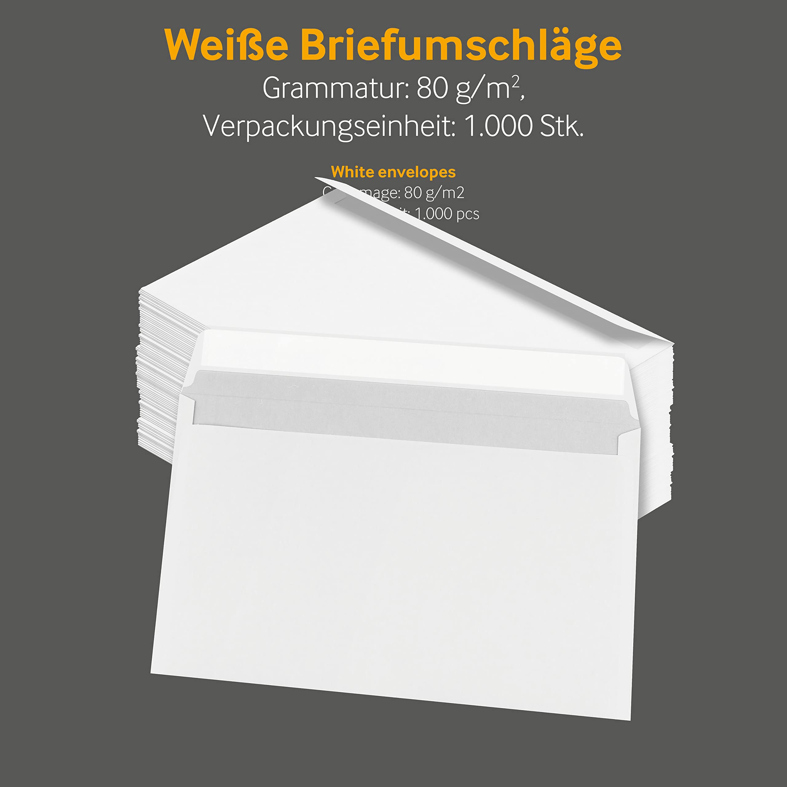 1000 Stück, Briefumschläge, 125 x 235 mm (Kompakt), Haftklebung, Gerade Klappe, 80 g/qm Offset, Ohne Fenster, Weiß, Blanke Briefhüllen