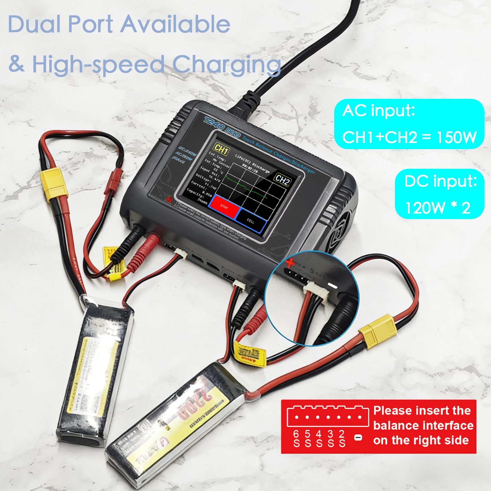 Cargador de batería T240 para LiPo/LiHV/LiFe/NiMH/NiCd, pantalla táctil grande de 3.2 pulgadas y doble puerto disponible, entrada CA/CC y corriente ajustable de 0.1-10 A