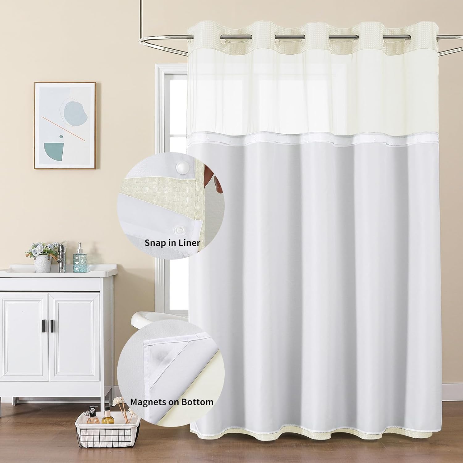 Colorful Star No Hook Shower Curtain with Snap in Fabric Liner, Waffle Weave Heavy Duty Thick Shower Curtains with Mesh Top Window, Hotel Style Waterproof Bathroom Curtain Set, 72 x 75 Inch, Ivory thumbnail