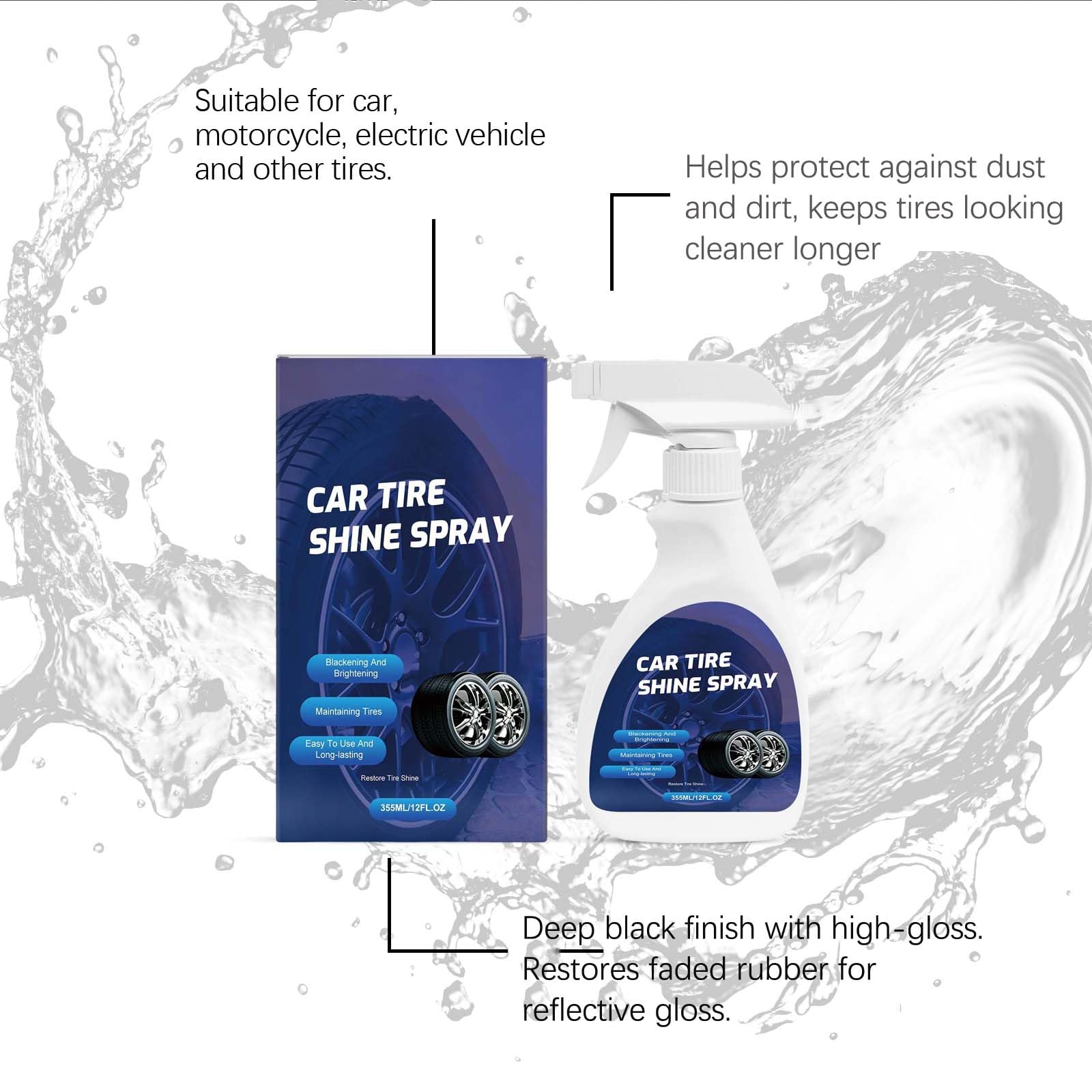 Hochglanz-Reifenglanz-Spray 355ML, langanhaltendes Schutzmittel, heller Schwärzungsglanz für Auto, LKW, Motorrad, Wohnmobil, schnelle Anwendung, Wartung von Autodetails (2Pcs)