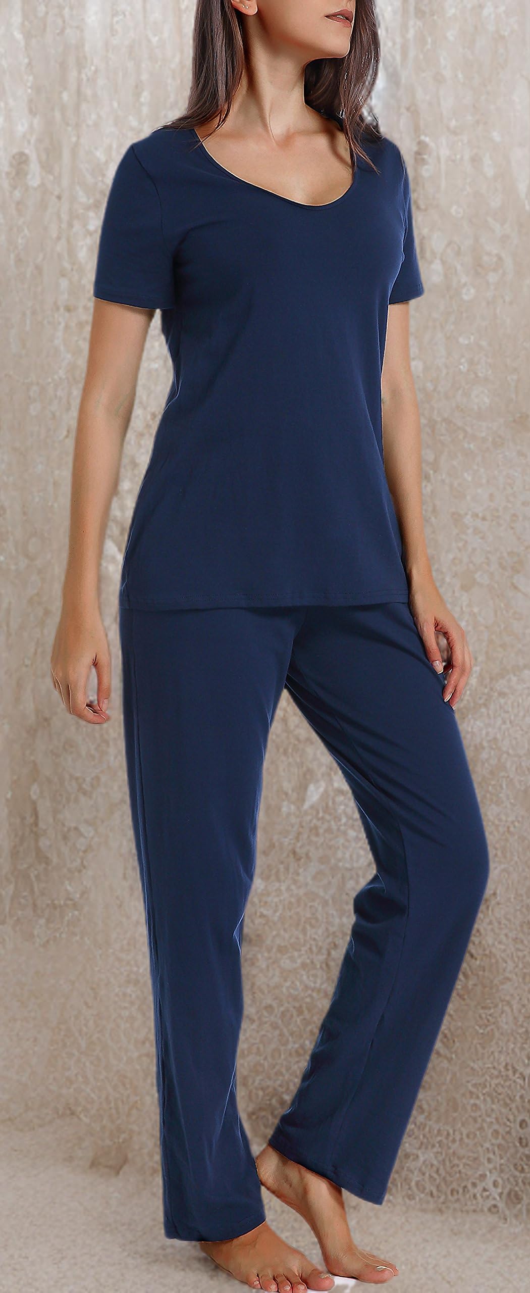 Pijama de algodón para mujer, conjunto de pijama de dos piezas de manga corta con cuello en V y pantalones largos