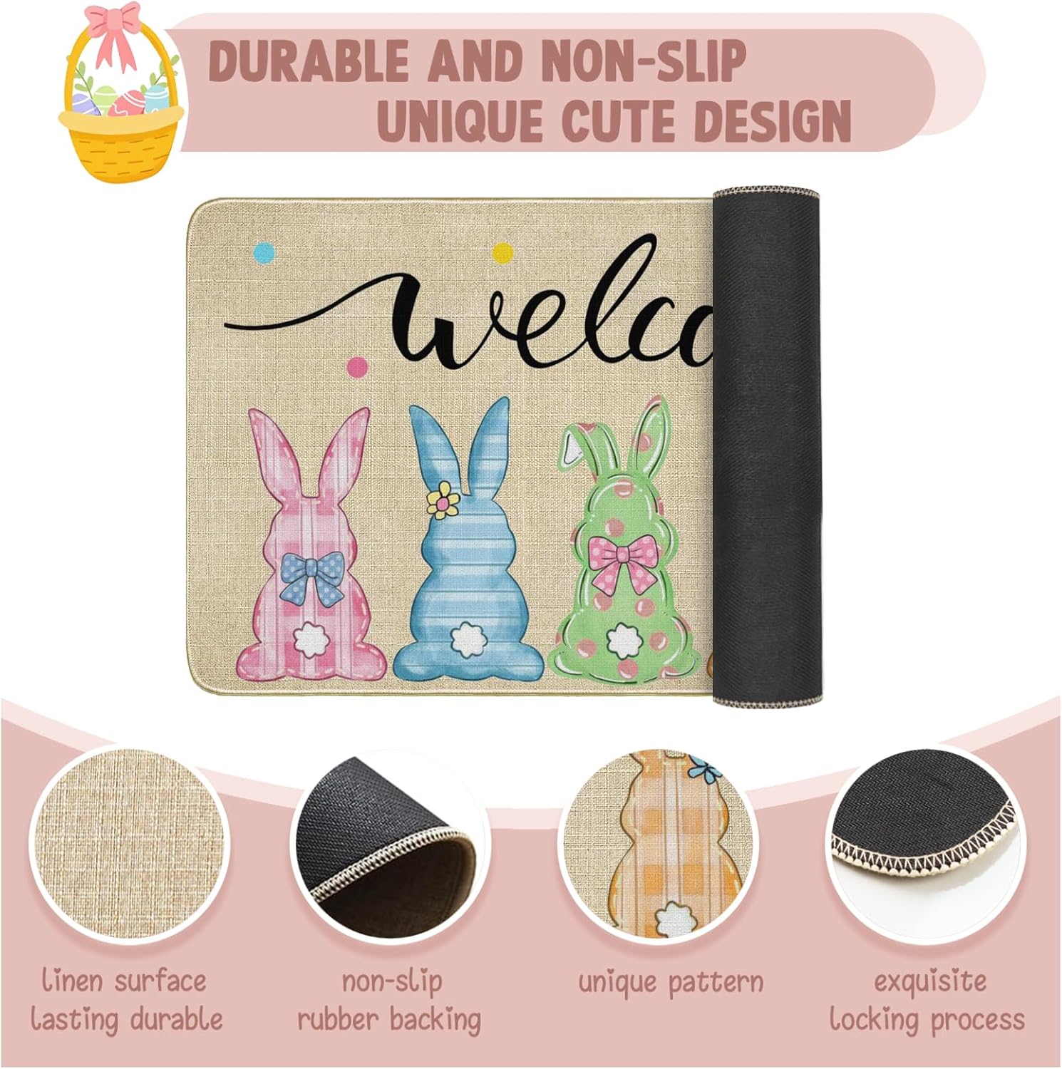 Easter Doormat Spring Colorful Bunny Door Mat Peeps Indoor Outdoor Entrance Floor Mats Spring Kitchen Home Seasonal Decor Rugs Non-Slip Rubber Mats 30" X 17"