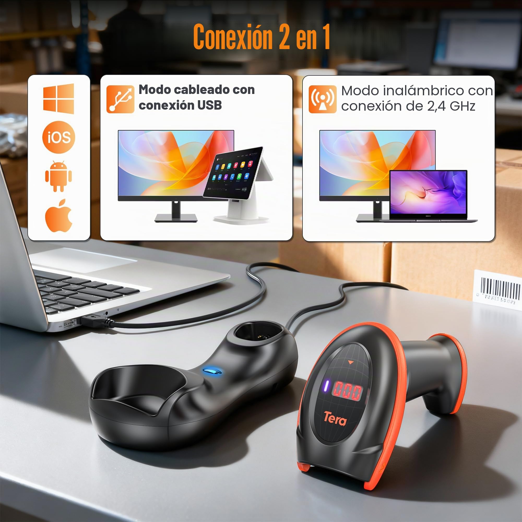 Tera Escáner de código de Barras con Sensor de Imagen de píxeles Altos 2D 1D QR Inalámbrico 2.4 GHz + Cable USB con estación de Carga y Contador Escáner de Imagen Digital HW0008