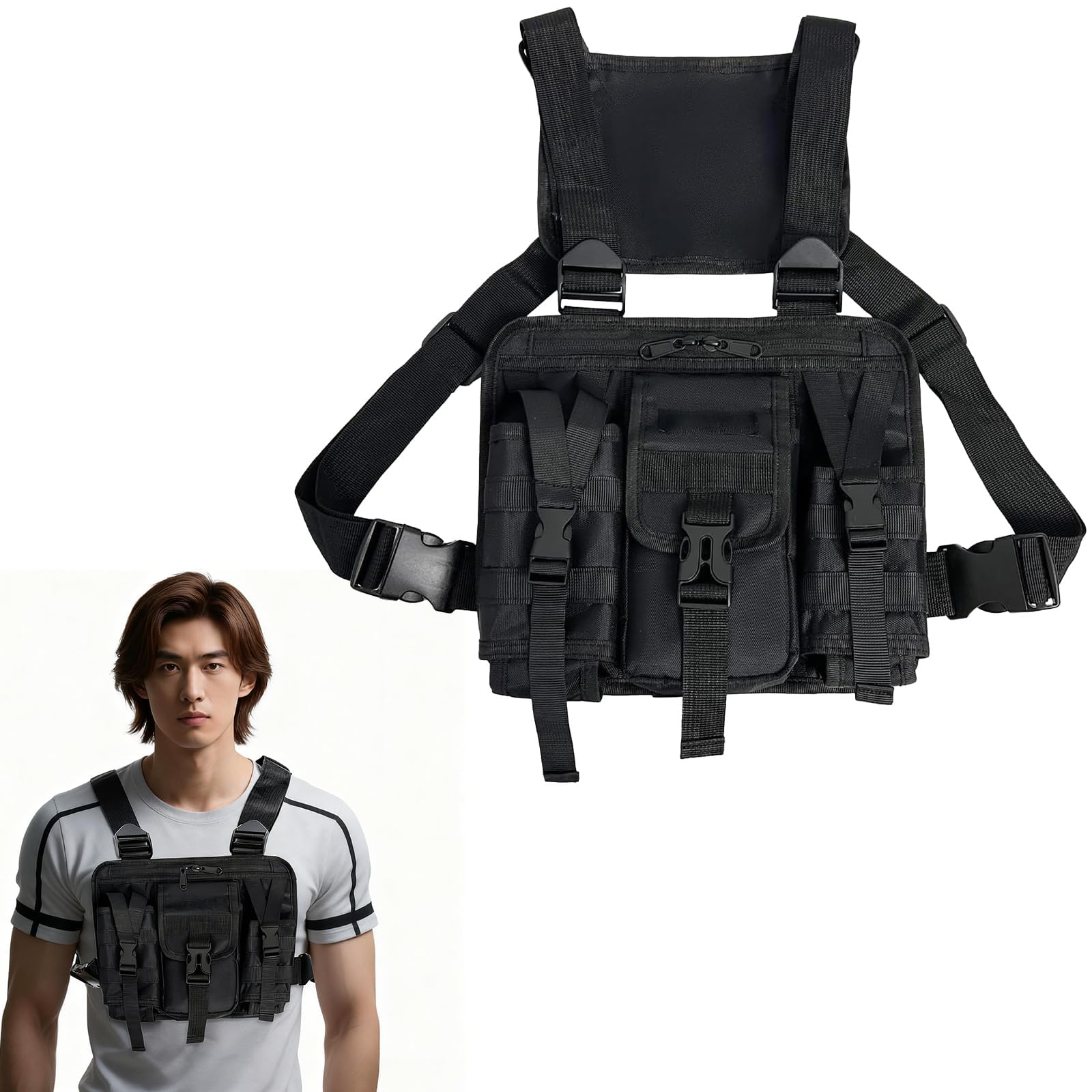 Tasca Tattica Sul Petto da Uomo Donne,Borsa da Corsa Sul Petto con Spalline Regolabili,Tasche Multiple,per Campeggio,Pesca e Viaggi All'aperto,Nero