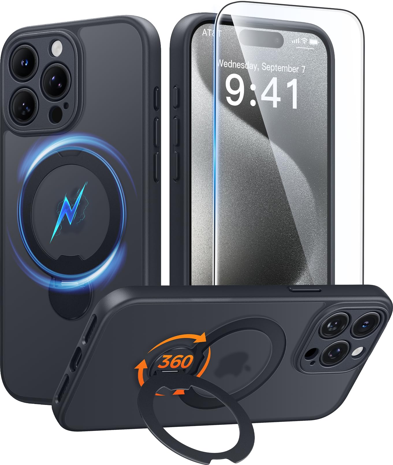 FNTCASE for iPhone 15 Pro Max Case with 360 Spin Magnetic Stand Black