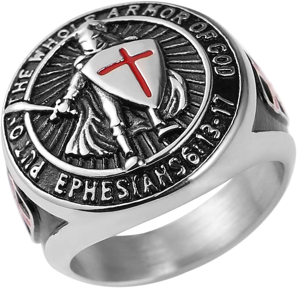 Knights Templar Put On The Whole Armor of God Ephesians 6:13-17 Red Cross Design Men's Stainless Steel Ring