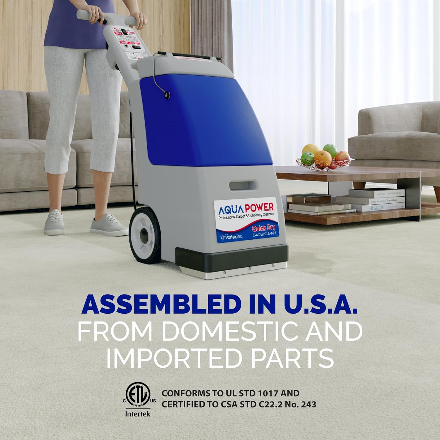 Aqua Power C4 carpet extractor with 'Assembled in U.S.A.' label and ETL certification mark.