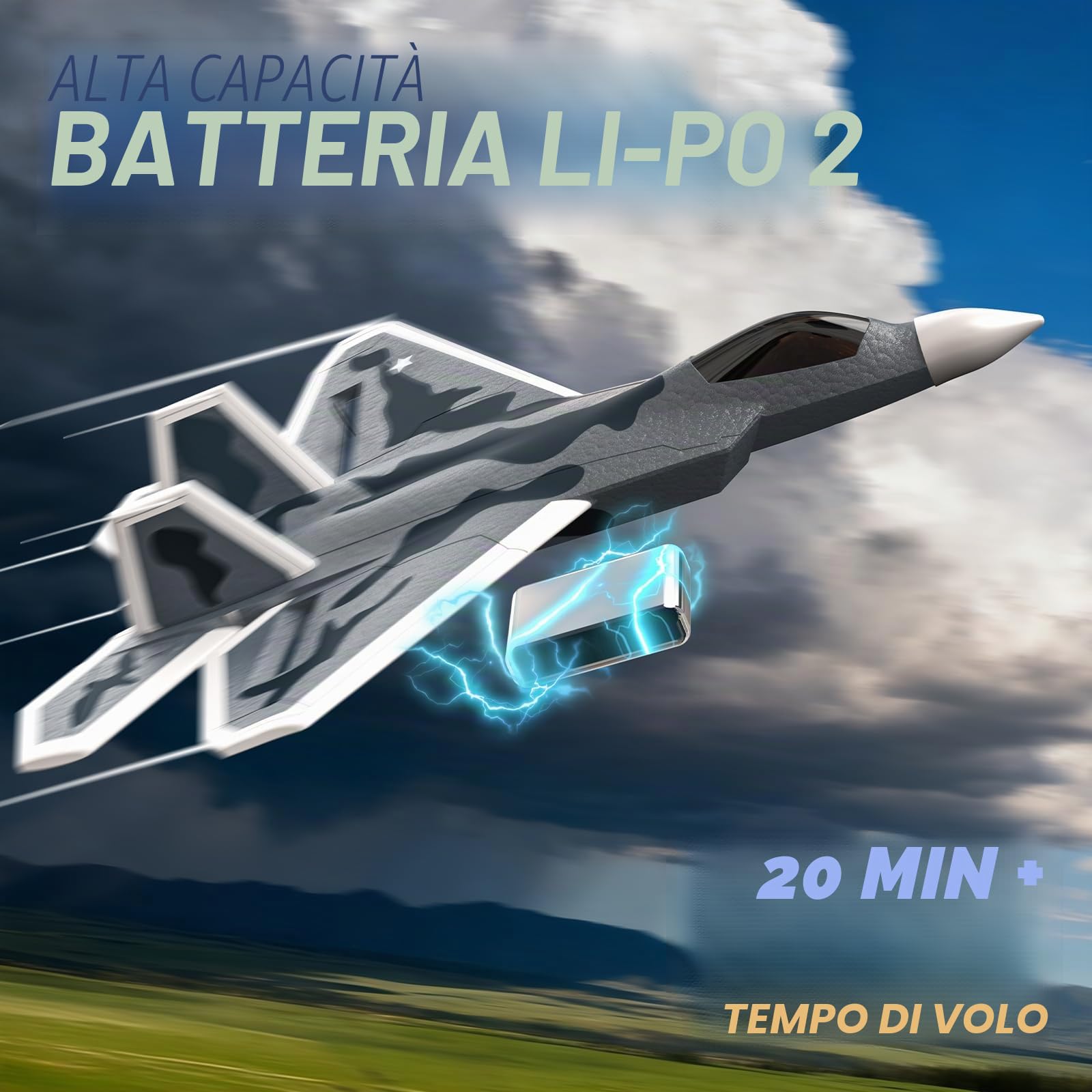 DEERC 2CH F22 Avione telecomandato Raptor con luci, aereo da caccia telecomandato, aliante RTF con stabilizzatore giroscopico a 6 assi 2,4 GHz, con 2 batterie, facile da pilotare per bambini