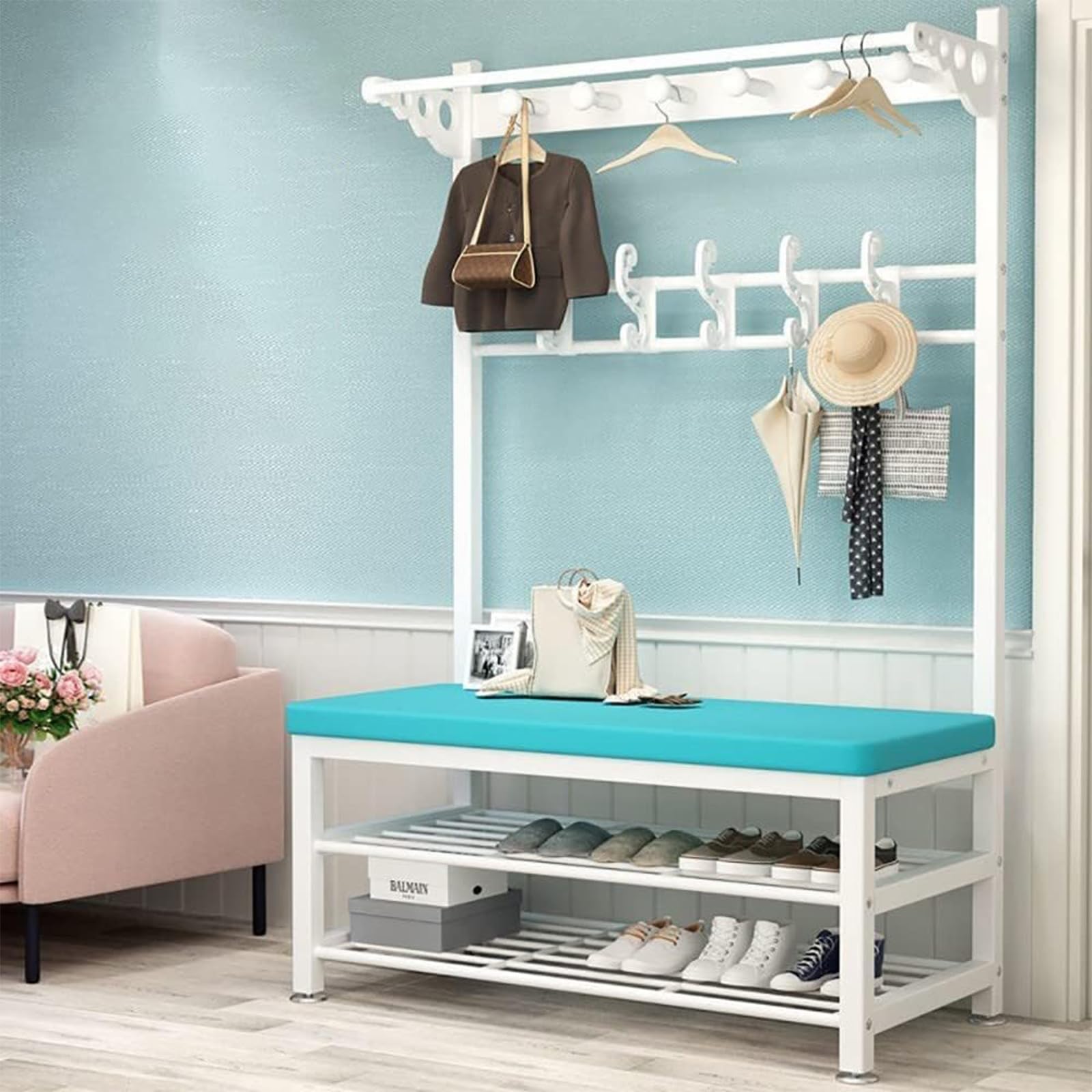 Panchina Con Appendiabiti E Scarpiera 3 In 1 Per Ingresso, Stile Rustico Industriale