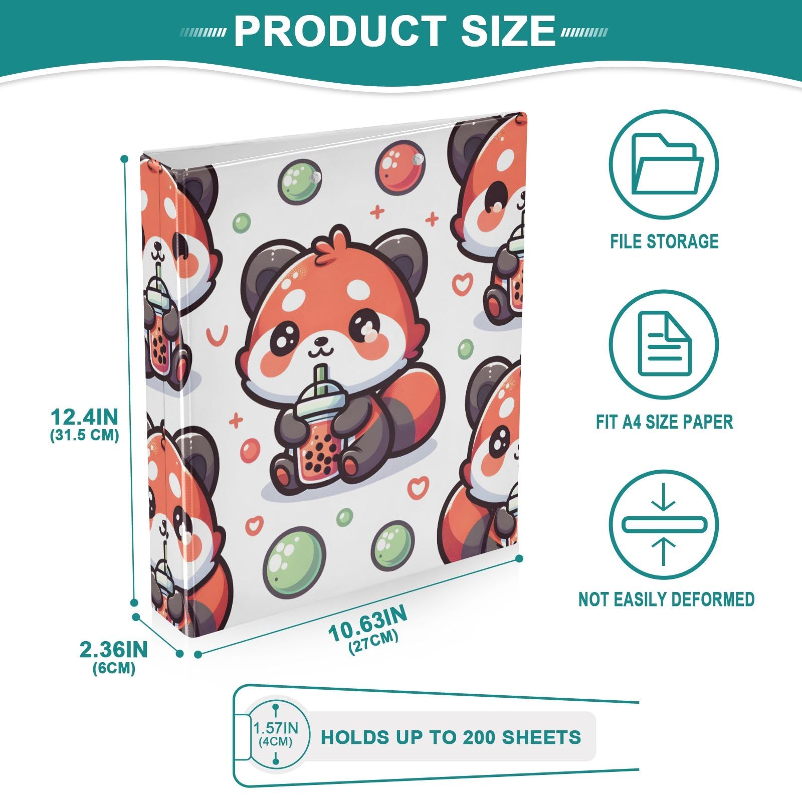 Raccoglitore a 3 anelli con simpatico panda rosso con cartone animato Bubble Tea, 3,8 cm, 200 fogli, formato A4, per casa, scuola, ufficio, confezione da 1