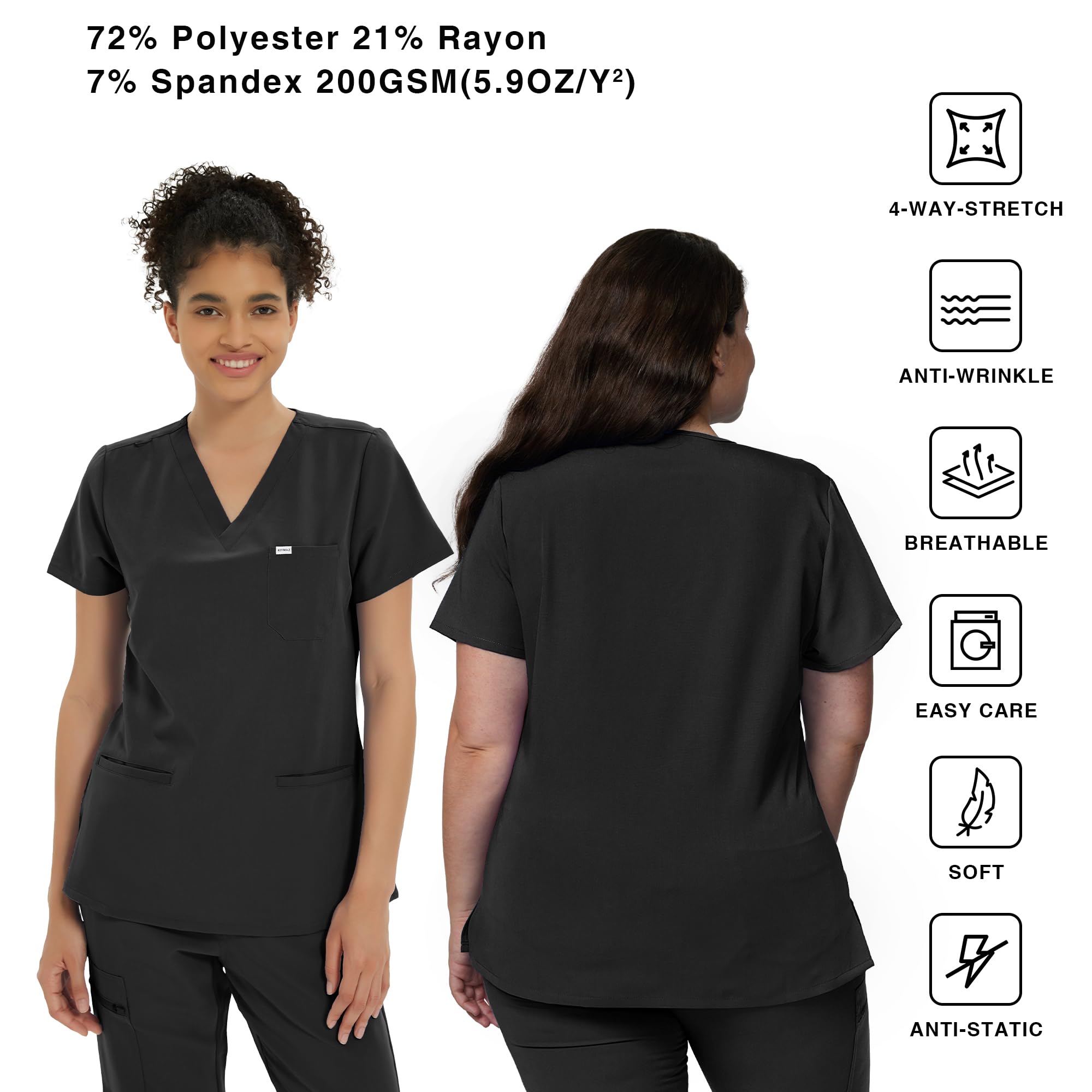 Kitmaz Médicale Femmes - Avec Col V, 3 Poches, Vêtements Professionnels, Uniformes Médicales, Stretch à 4 Directions & Anti-froissure