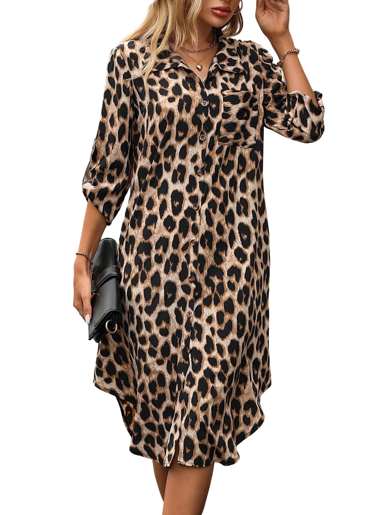 SweatyRocks Hemdblusenkleid Damen Langarm Knielang Elegantes Leoparden Kleid Blusenkleid Herbstkleid Langes Leo Kleid Tunikakleid Mit Tasche