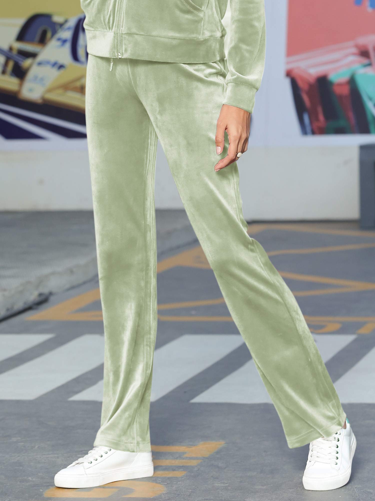 MessBebe, tuta da ginnastica da donna in velluto per il tempo libero lo sport 2 pezzi felpa con cappuccio a maniche lunghe con zip e pantaloni lunghi sportivi verde, XL