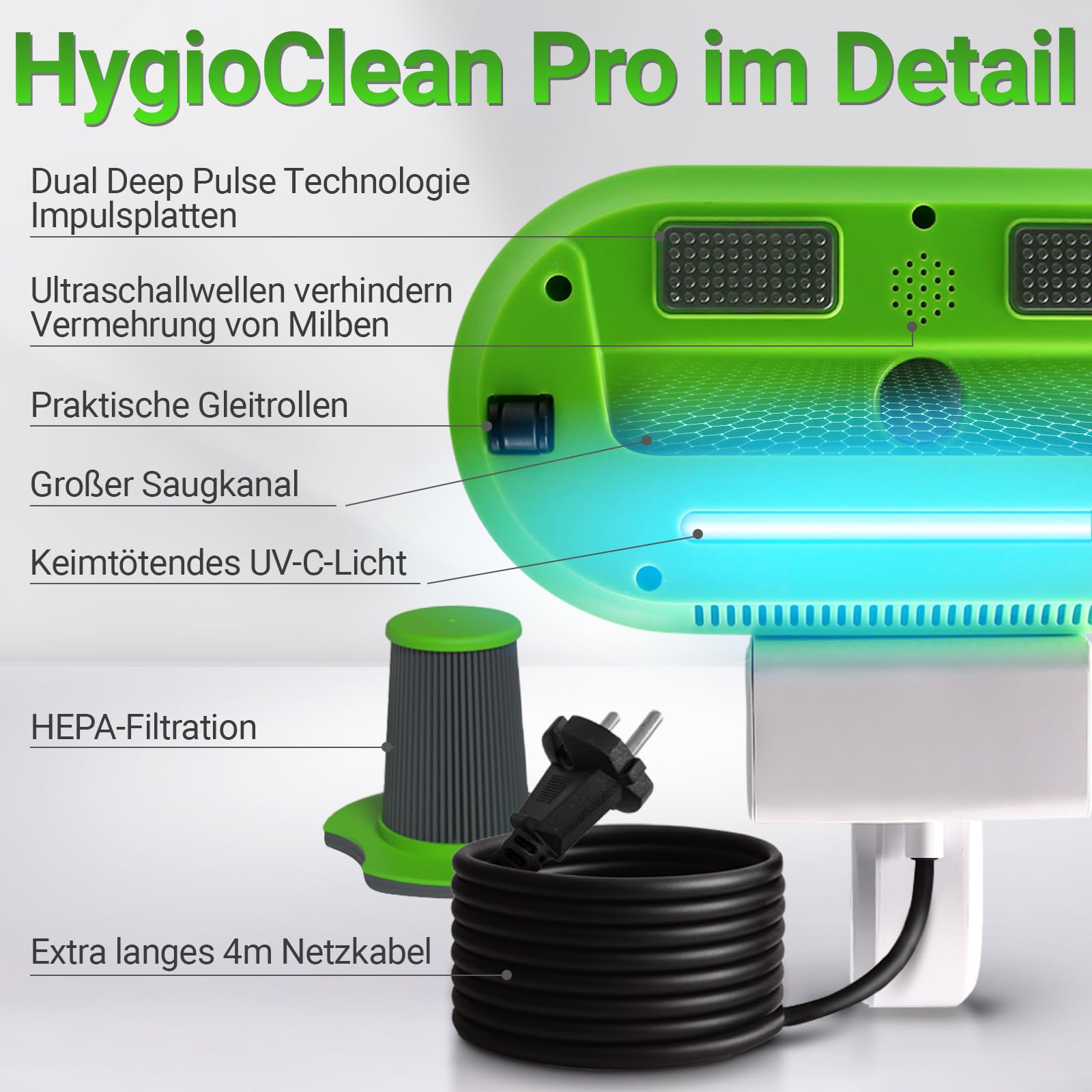 Heimwert – Milbensauger für Matratzen & Polster 99,9% | UV-C Licht & Tiefenvibration | 400W fasertiefe Reinigung mit HEPA-Filter | Matratzenreiniger gegen Milben, Bettwanzen & Allergene (Gerät)