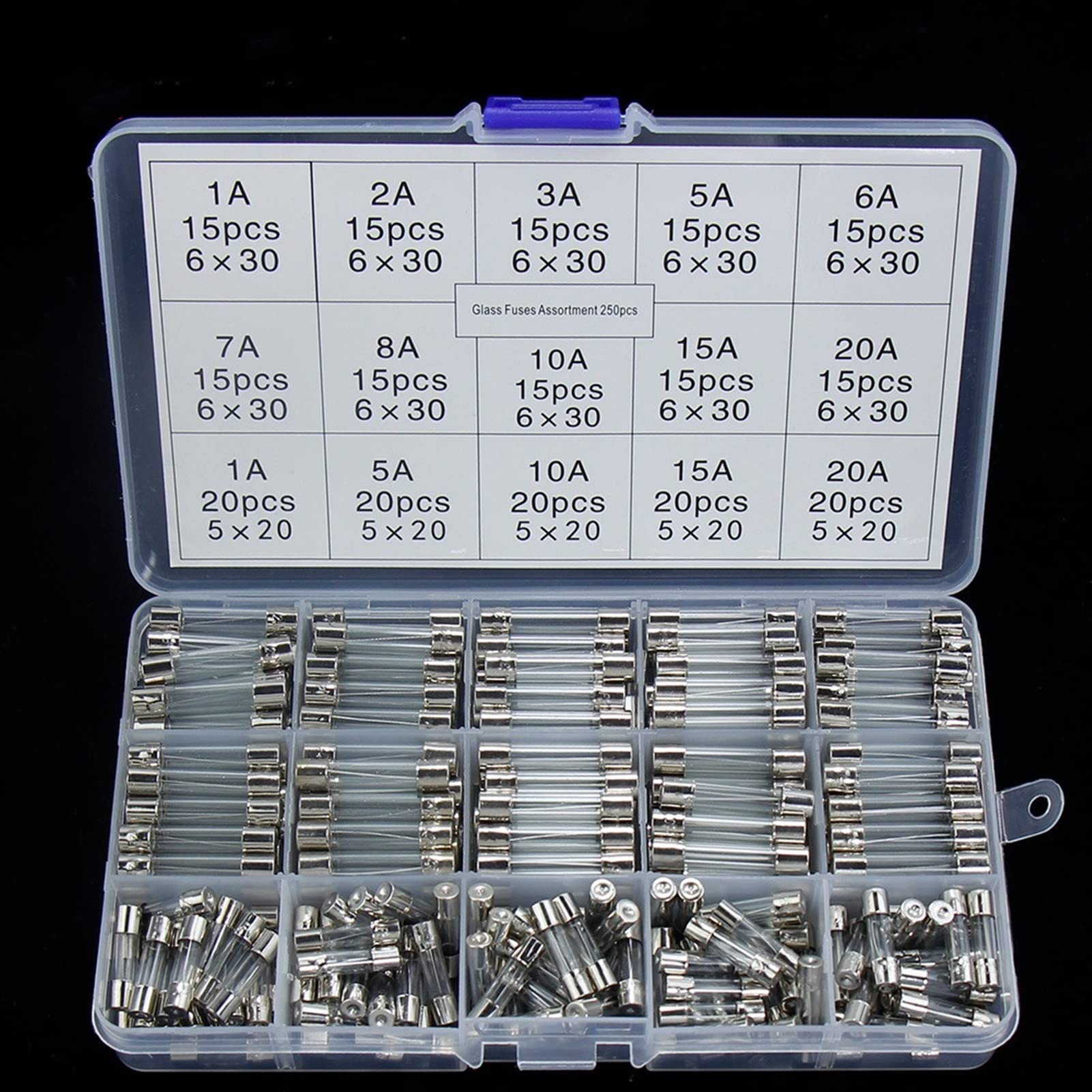 Sicherung 5 x 20 mm, schnell geblasene Glasrohrsicherungen, sortierte Sets, Glassicherungen Glas 82 Stück/100 Stück/250 Stück 1A-20A(100pcs Box)