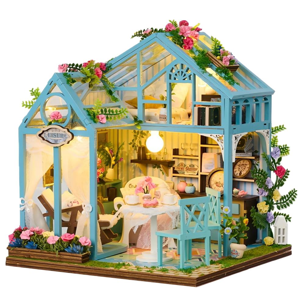 Casa de Muñecas en Miniatura Maquetas, DIY Miniature House Maquetas, Miniatura Invernadero con Luz, DIY Casa en Miniatura para Adultos, Regalo para Niño Adultos Cumpleaños Navidad