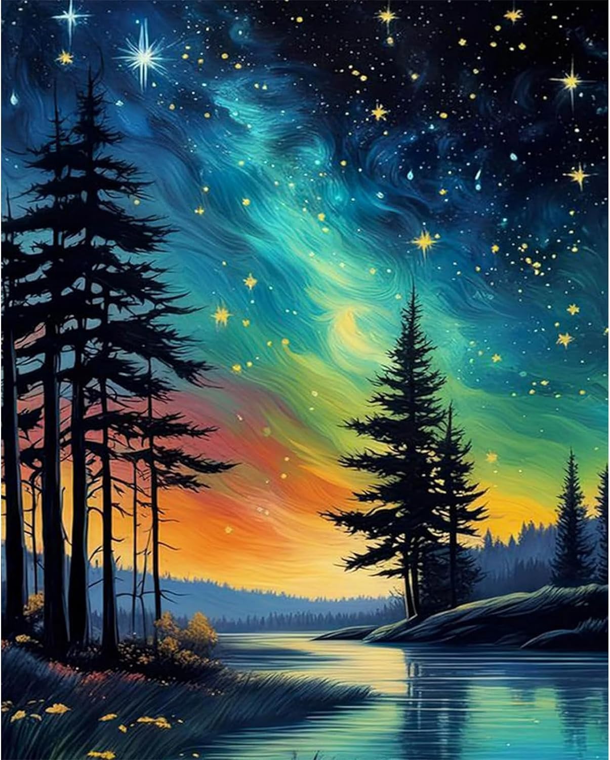WUSARPLY Starry Night Stamped Cross Stitch Kits - Tree Counted Cross Stitch Kits for Beginners Adults Needlepoint Star Cross-Stitch Patterns Dimensions Needlecrafts Embroidery Kits Arts and Crafts