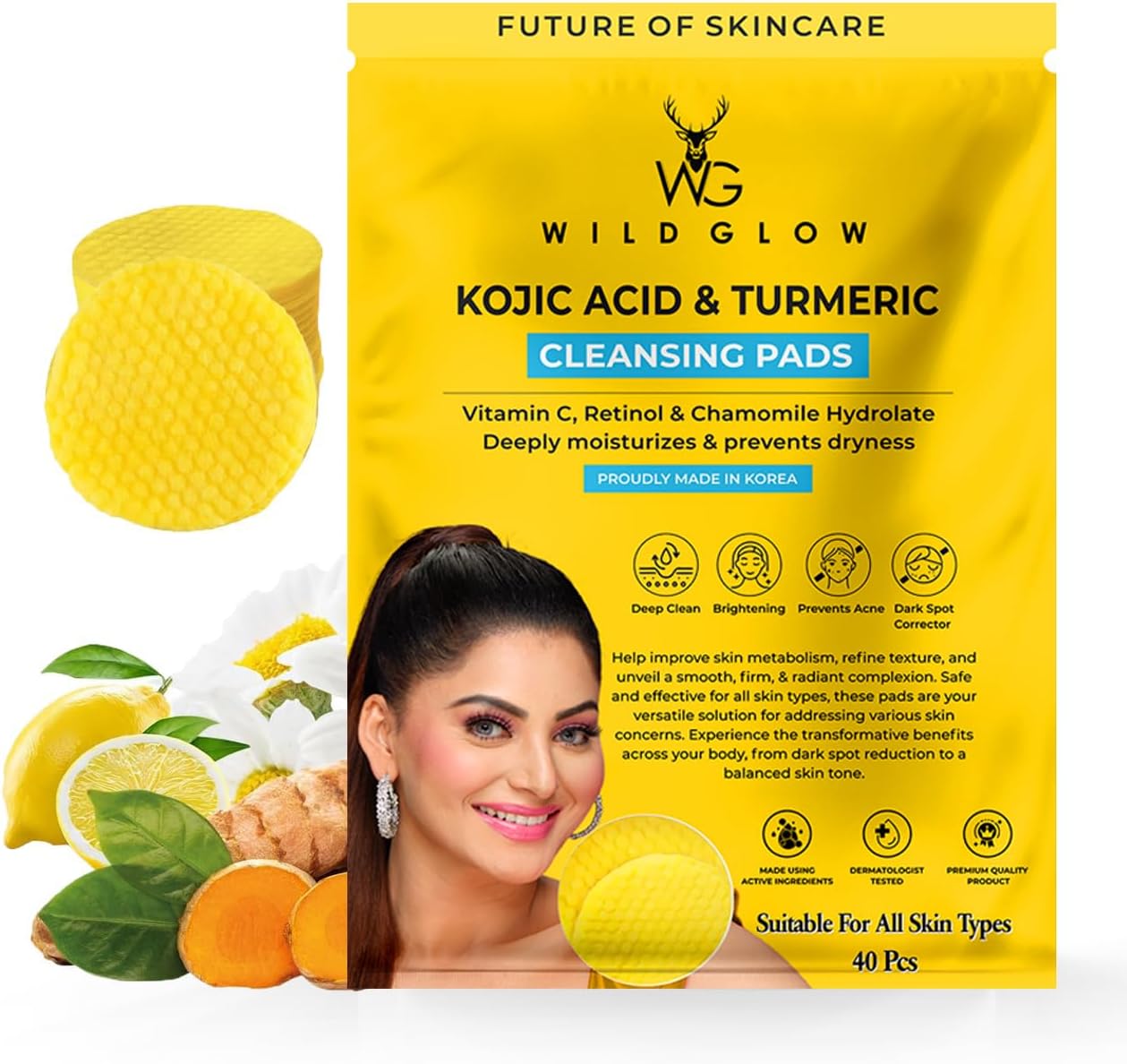 Turmeric & Kojic Acid Face Cleansing Pads for Dark Spots, Skin Brightening, Acne & Makeup Removal | Vitamin C, Retinol & Chamomile Hydrolat | Women & Men | All Skin Type | 40 Pads Pack of 1