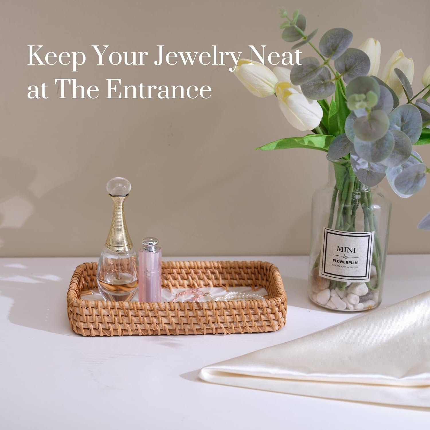 YANGQIHOME Jewelry Tray, Rattan Jewelry Organizer with White Leaf Base – Decorative Jewelry Organizer Dish for Rings, Watches, Keys – Ideal for Bedroom, Living Room, Entryway, Natural - Image 2