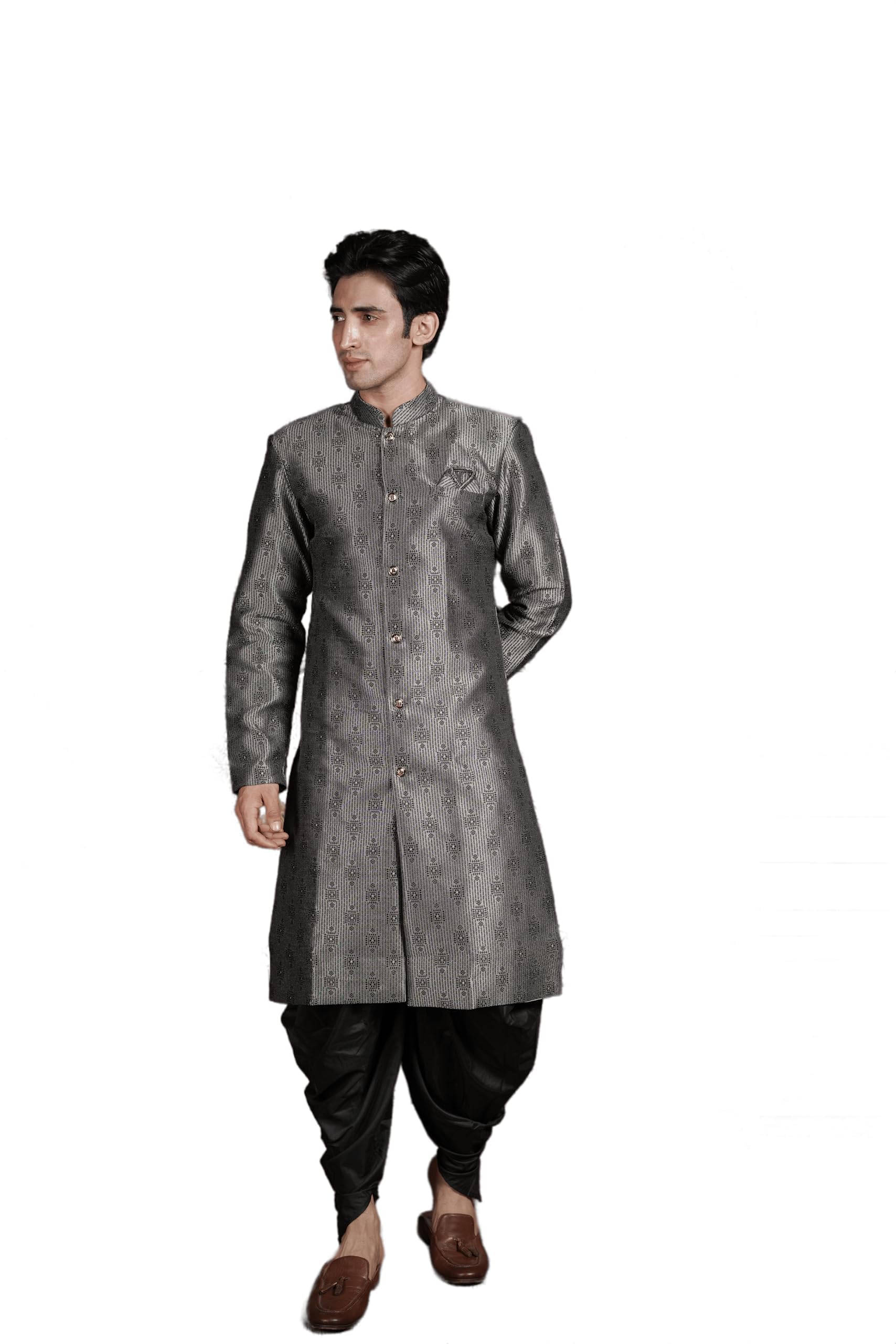 amzira Men's Heavy Jecquard Sherwani Set with Mandarin Collar Long Sleeves Button Closure Kurta and Chudari Dhoti | Sherwani for Men-picture-23