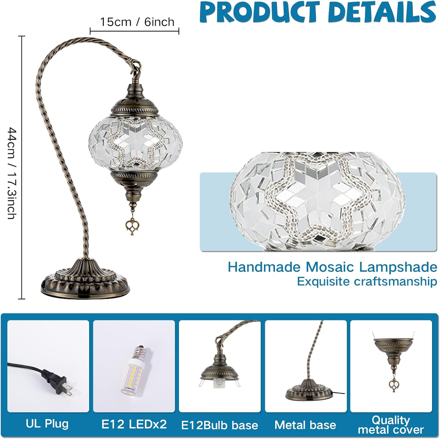 GOGERS Swan Neck Turkish Moroccan Lamp Handmade Stained Mosaic Glass Vintage Lamp Shade Bohemian Tiffany Style Bedside Night Lamp Lighting for Bedroom Living Room (White1)