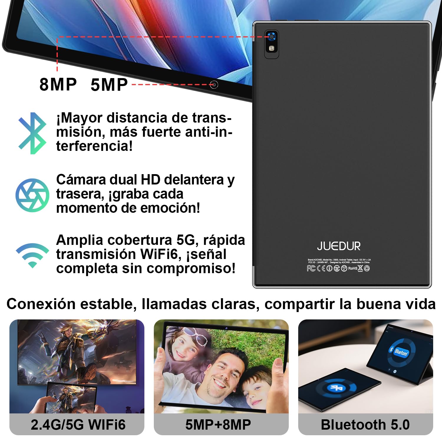 Tablet 10 Pulgadas Android, 22GB RAM+128GB ROM (TF 1TB), 8000mAh, Octa-Core 2.0 GHz, 5G+2.4G Dual Band WiFi 6, Widevine L1, GPS, Face ID, GMS, 5MP+8MP, BT5.0, Tablet con Teclado y Ratón - Negro