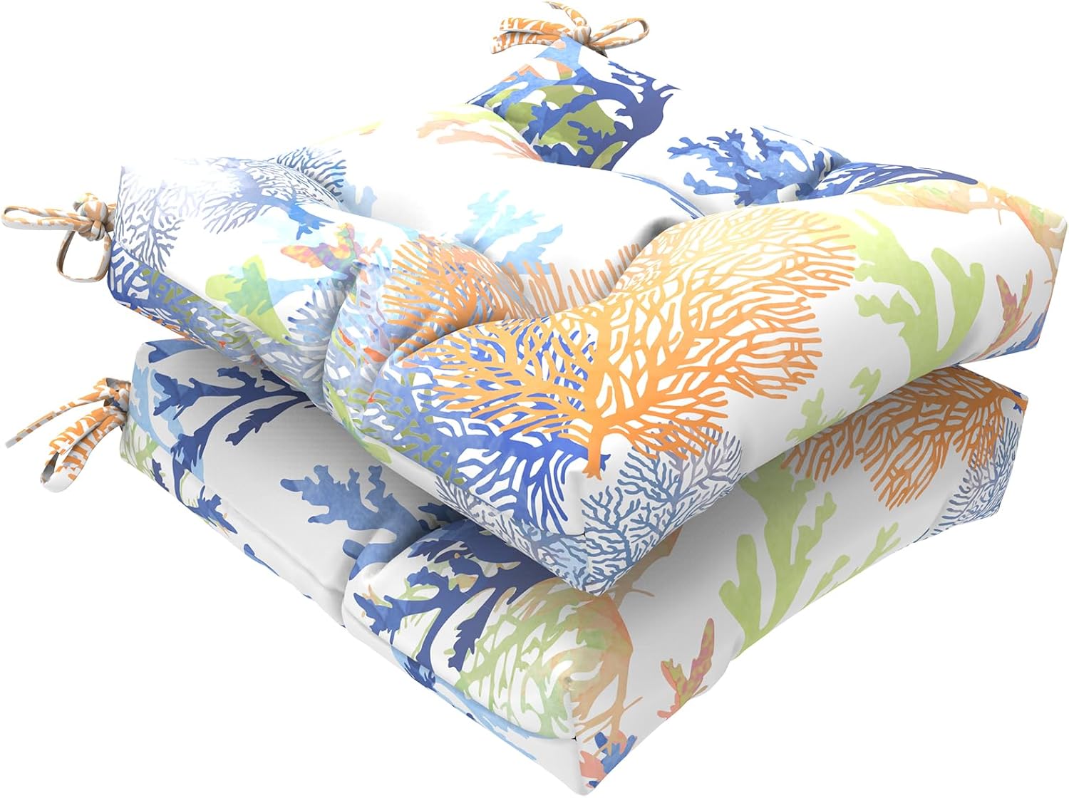 Patio Wicker Chair Cushions,Water Repellent Tufted Seat Cushions with Ties, 19x19x5 lnch 2 Pack, Wicker Dining and Patio Furniture Decoration,Coral Multi