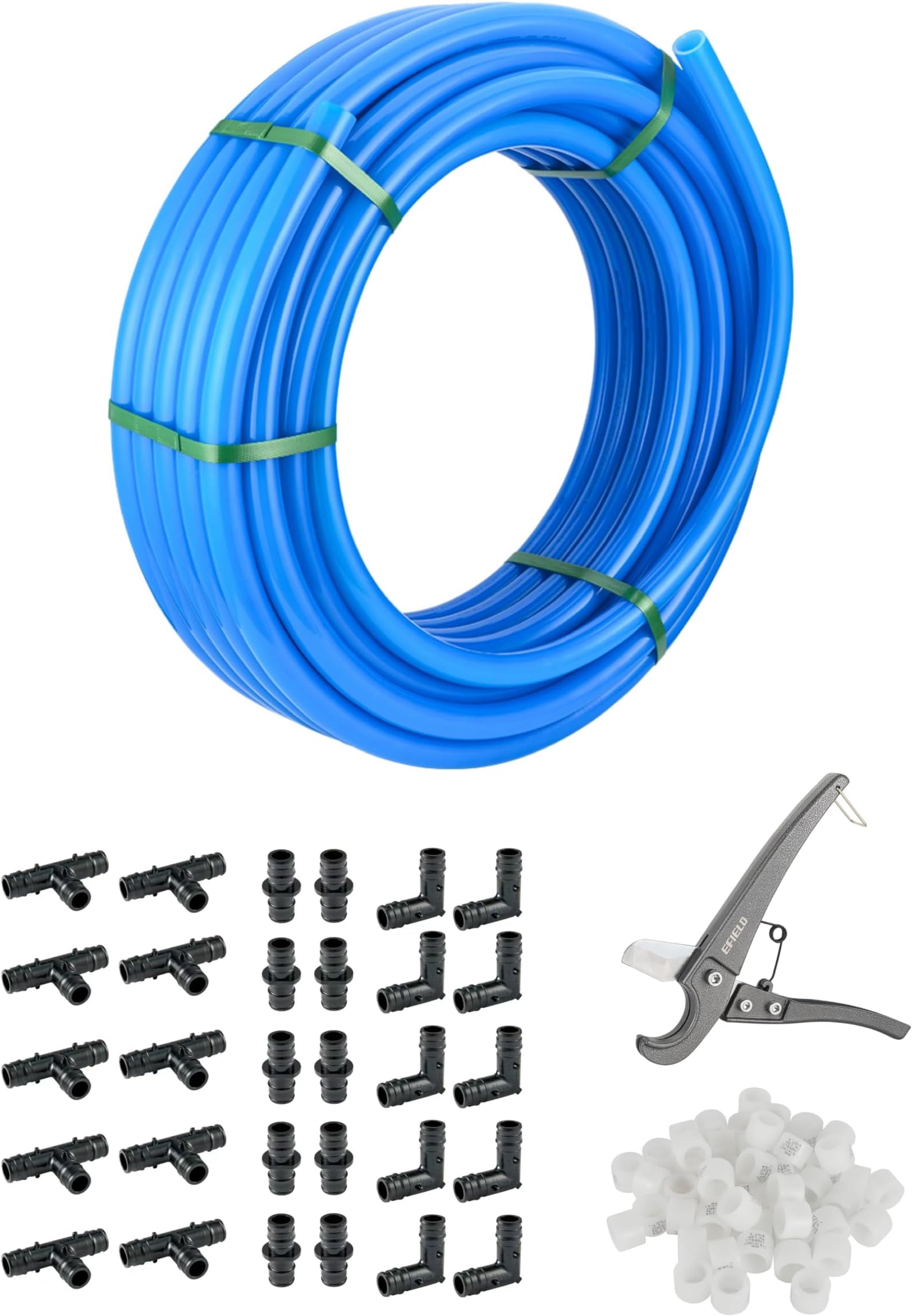EFIELD 1/2-inch Pex-A Pipe & Expansion Fittings, Rings Combo: 1/2-inch 300 ft Roll BLUE, 30 PCS Poly Expansion Fittings: Elbow Tee Couple, 100 PCS Expansion Rings, Pipe Cutter,(XB300)